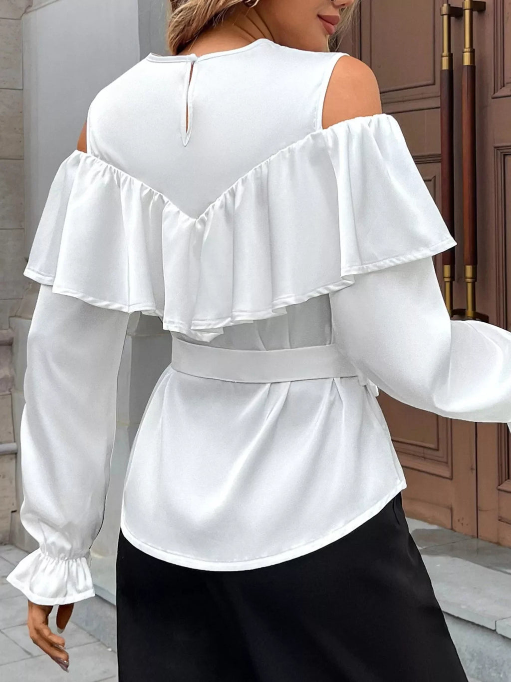Ruffled Cold Shoulder Flounce Sleeve Blouse