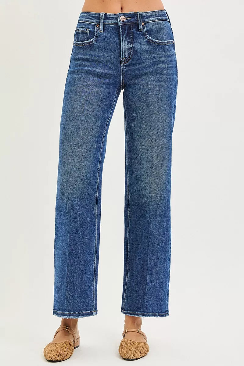 RISEN Tummy Control High Rise Ankle Straight Jeans with Crease Line