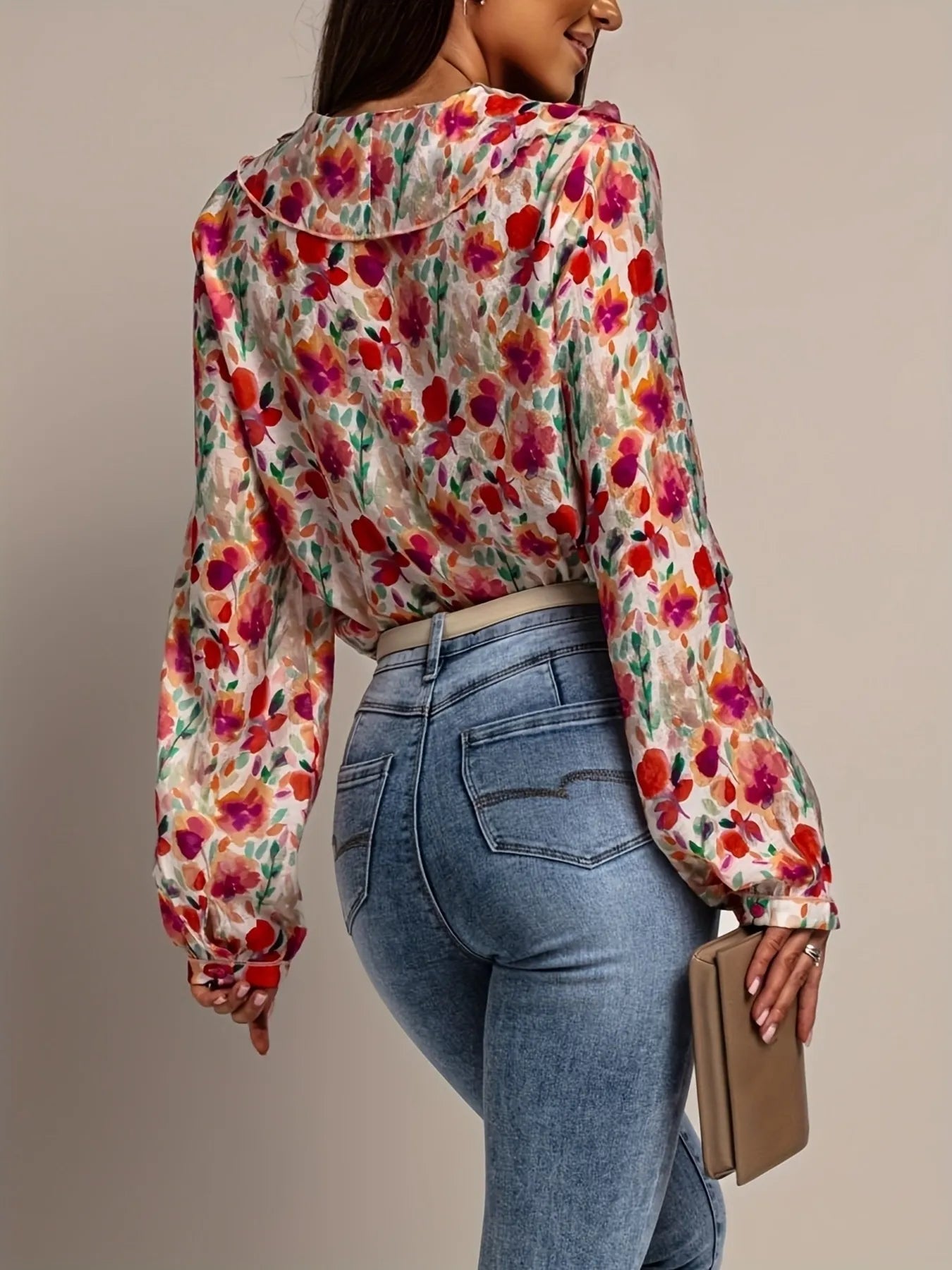 Floral Print Ruffle V-Neck Long Sleeve Blouse