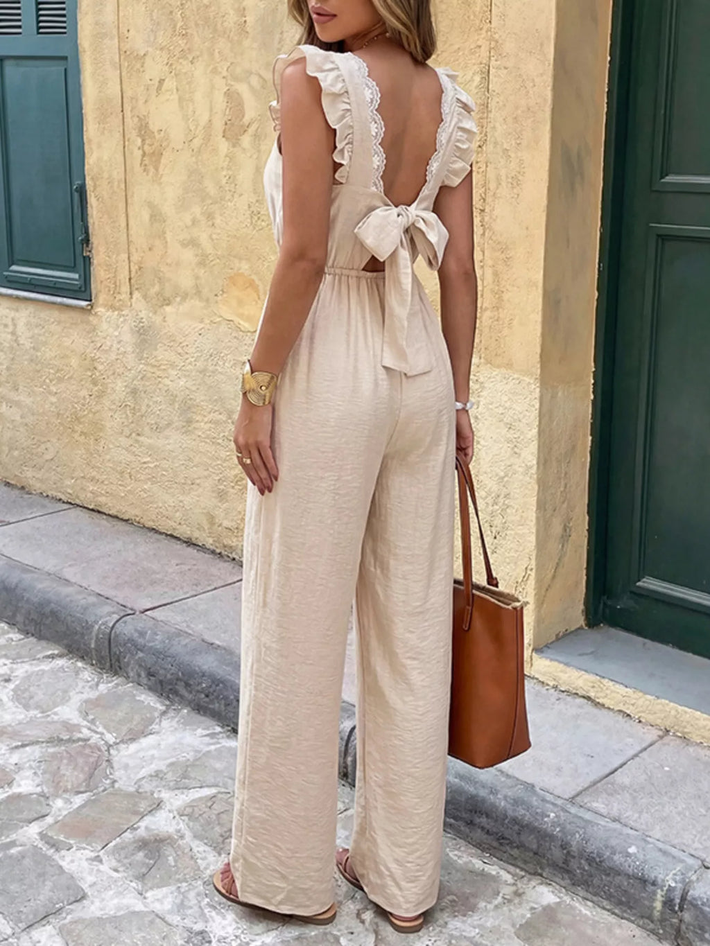 Ruffled V-Neck Wide Leg Jumpsuit