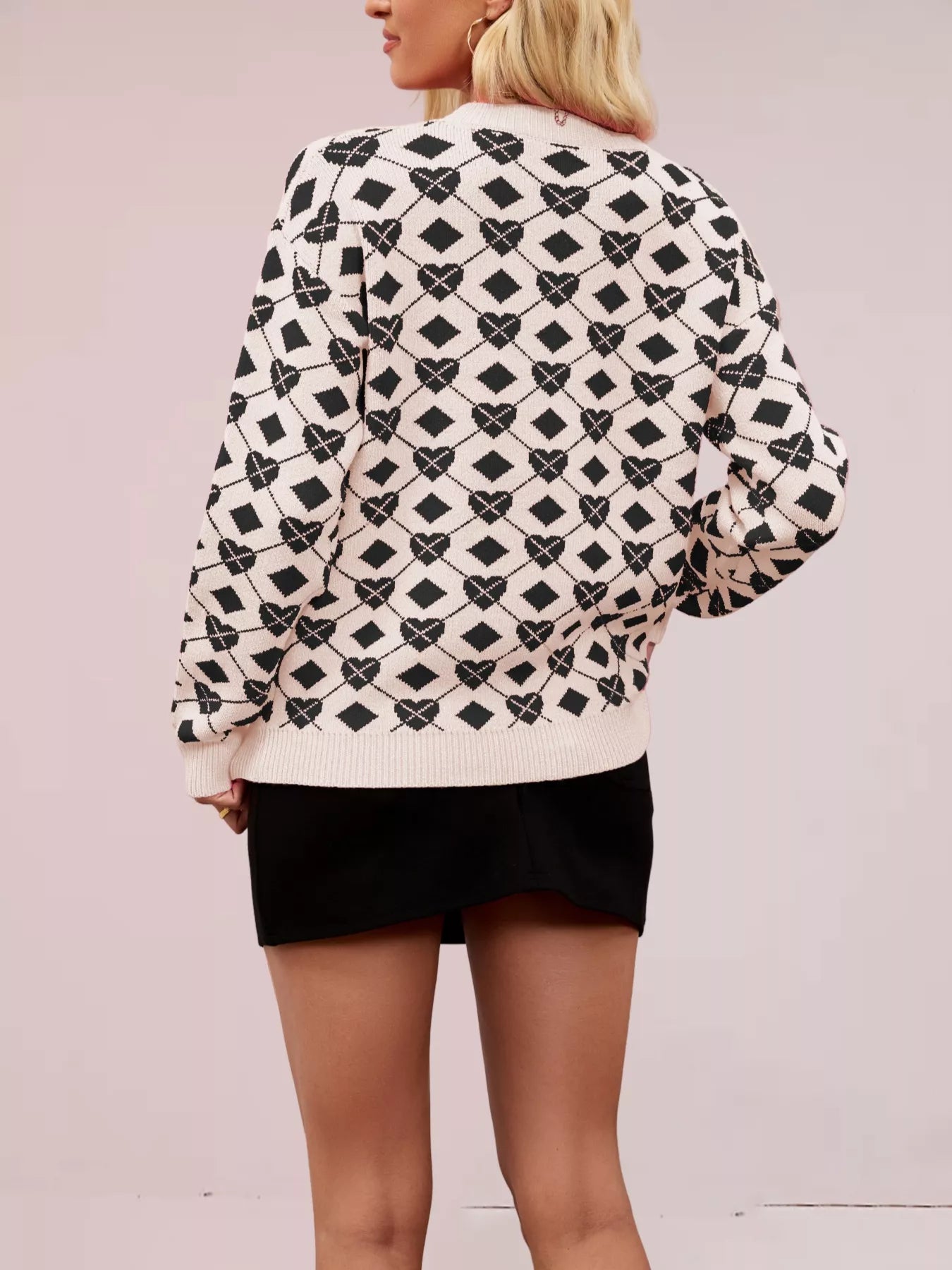 Heart & Diamond Pattern Long Sleeve Sweater