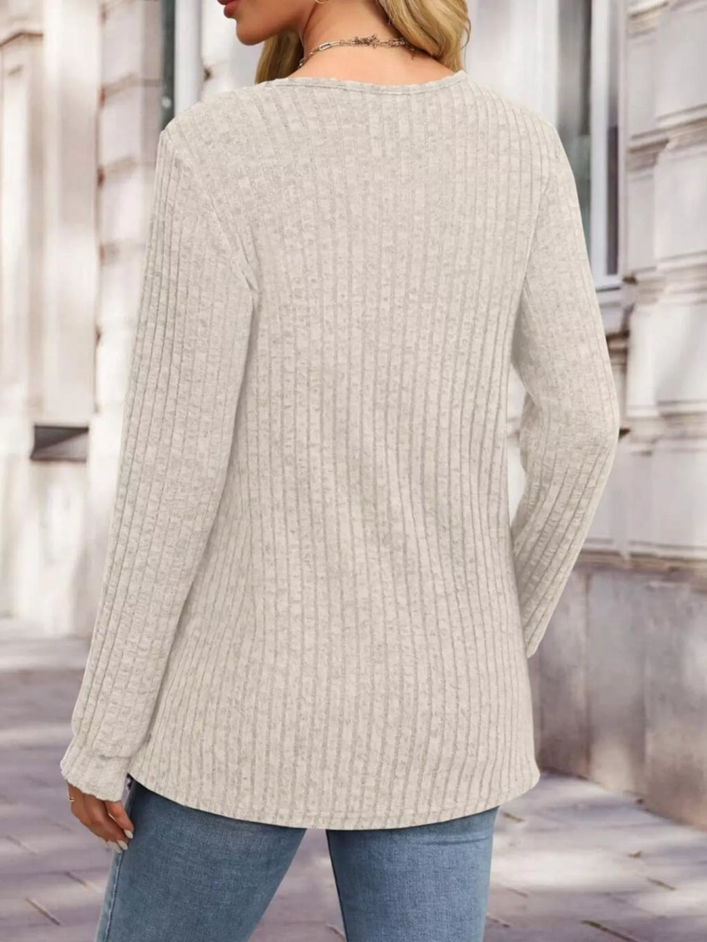 Ribbed Knit Button-Front Long Sleeve T-Shirt