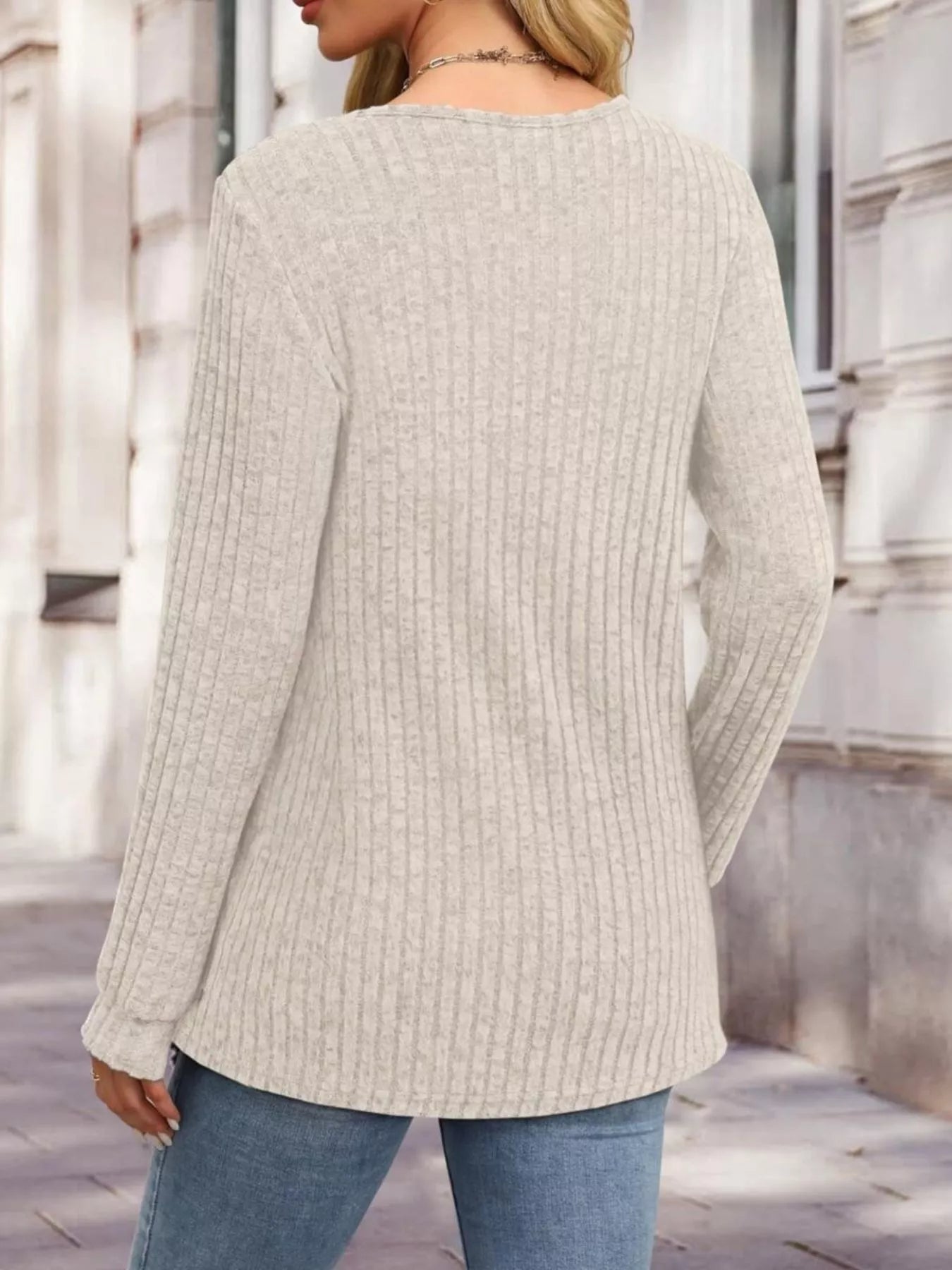 Ribbed Knit Button-Front Long Sleeve T-Shirt