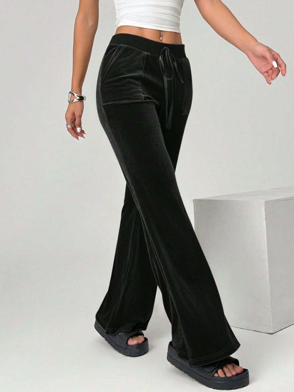 Velvet Flare Pants with Drawstring