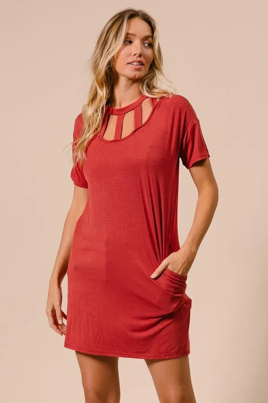 BiBi Front Cutout Mini Tee Dress with Pockets