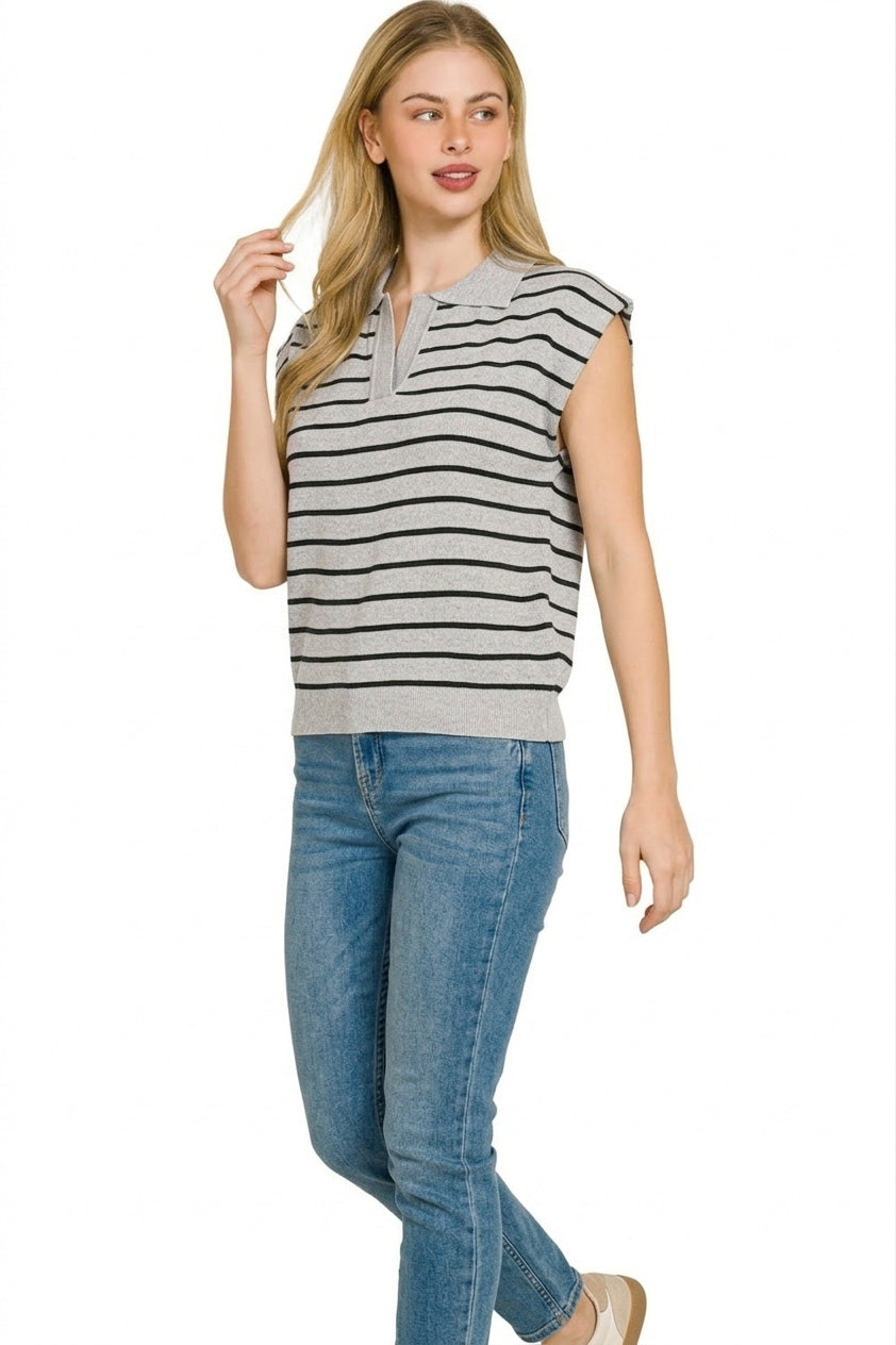 Zenana Viscose Striped Collared Sweater Vest