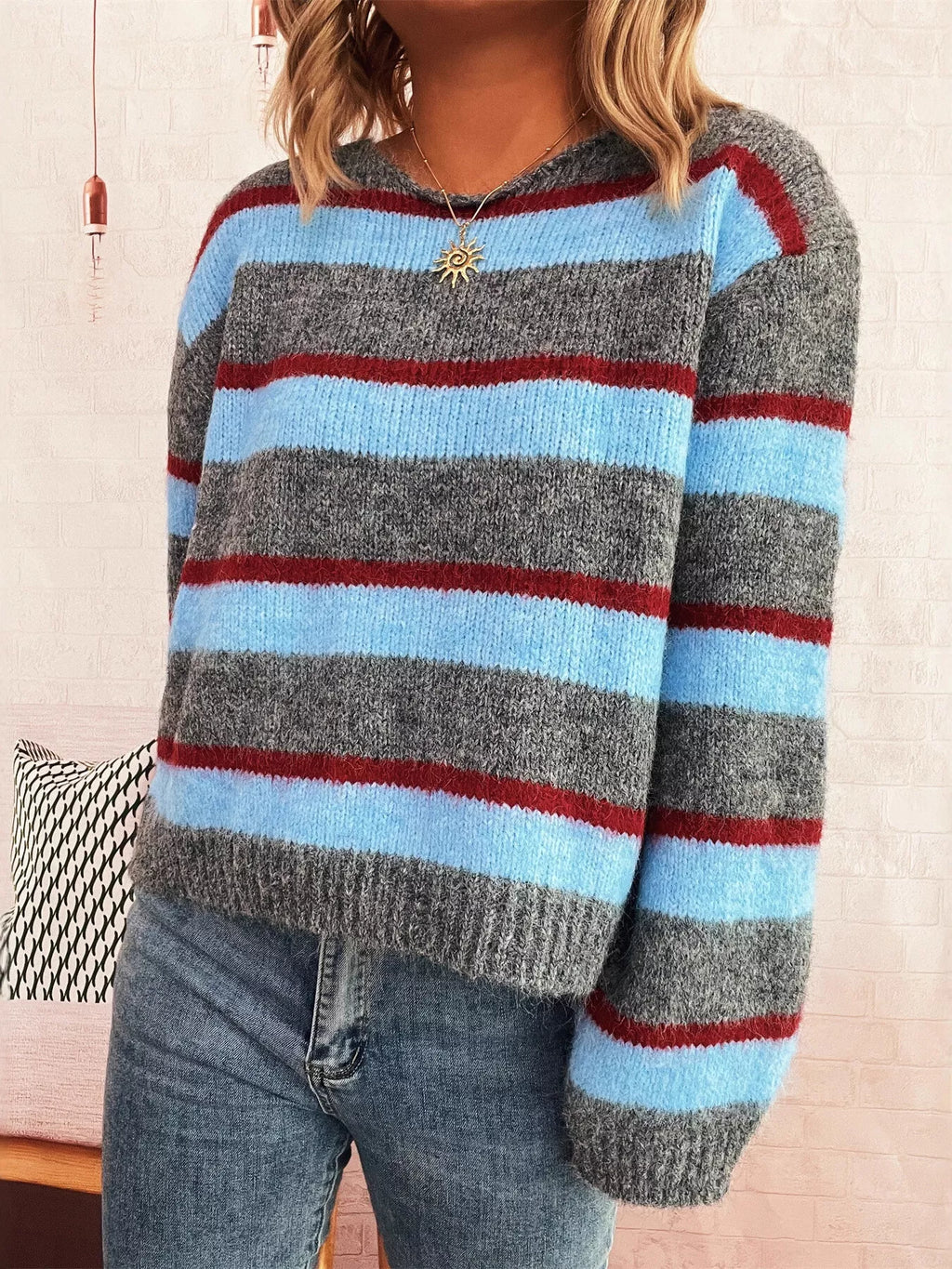 Striped Round Neck Long Sleeve Sweater