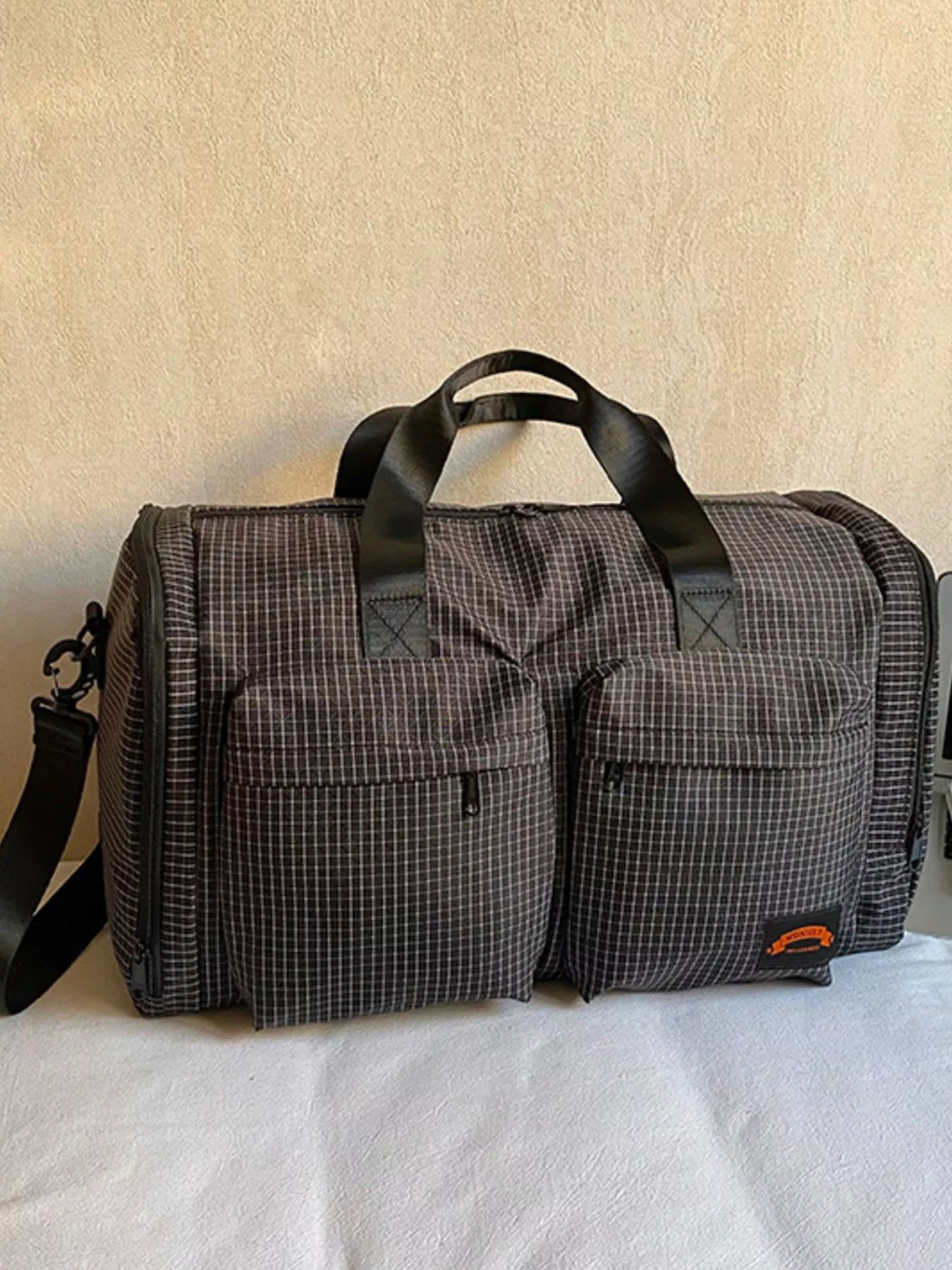 Plaid Duffel Bag with Multiple Pockets