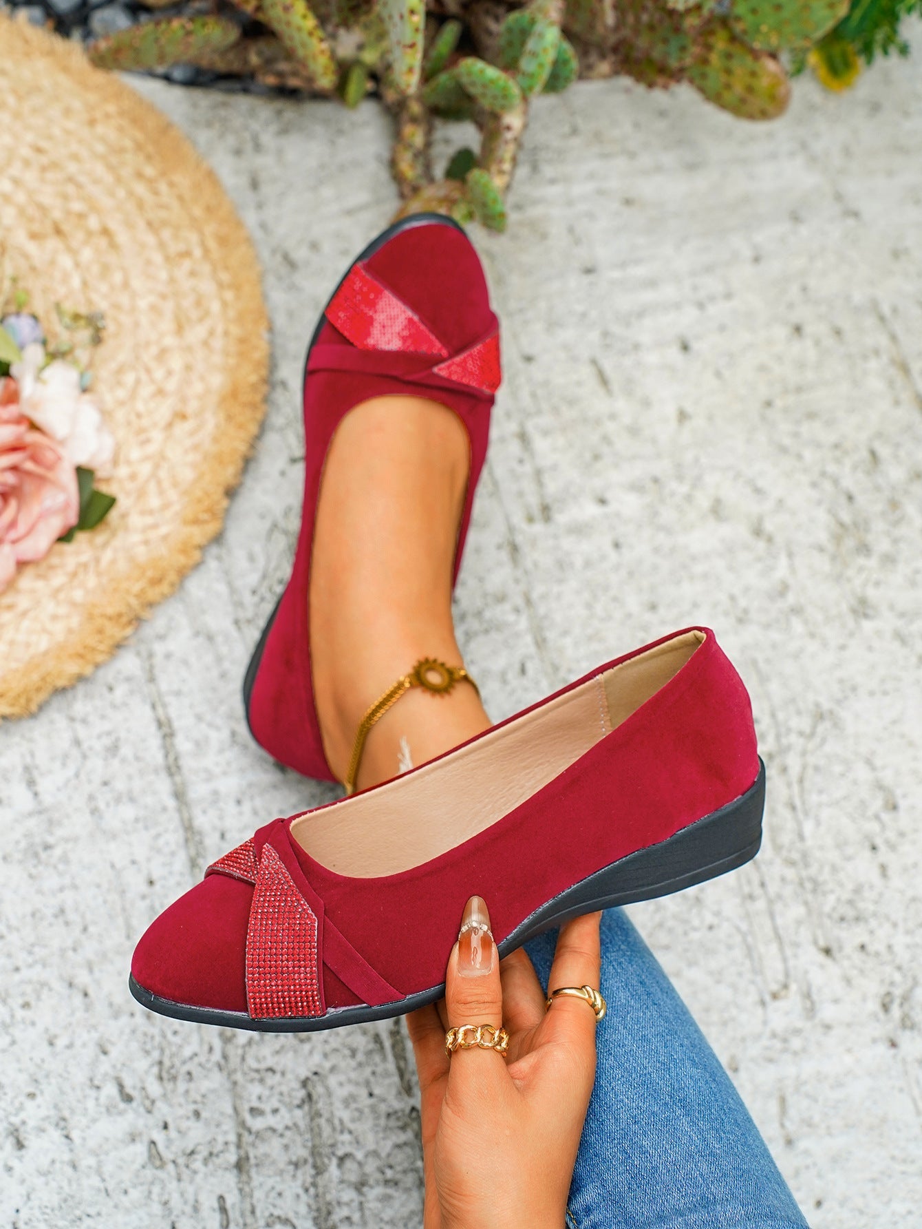 Rhinestone Embellished Wedge Slip-Ons