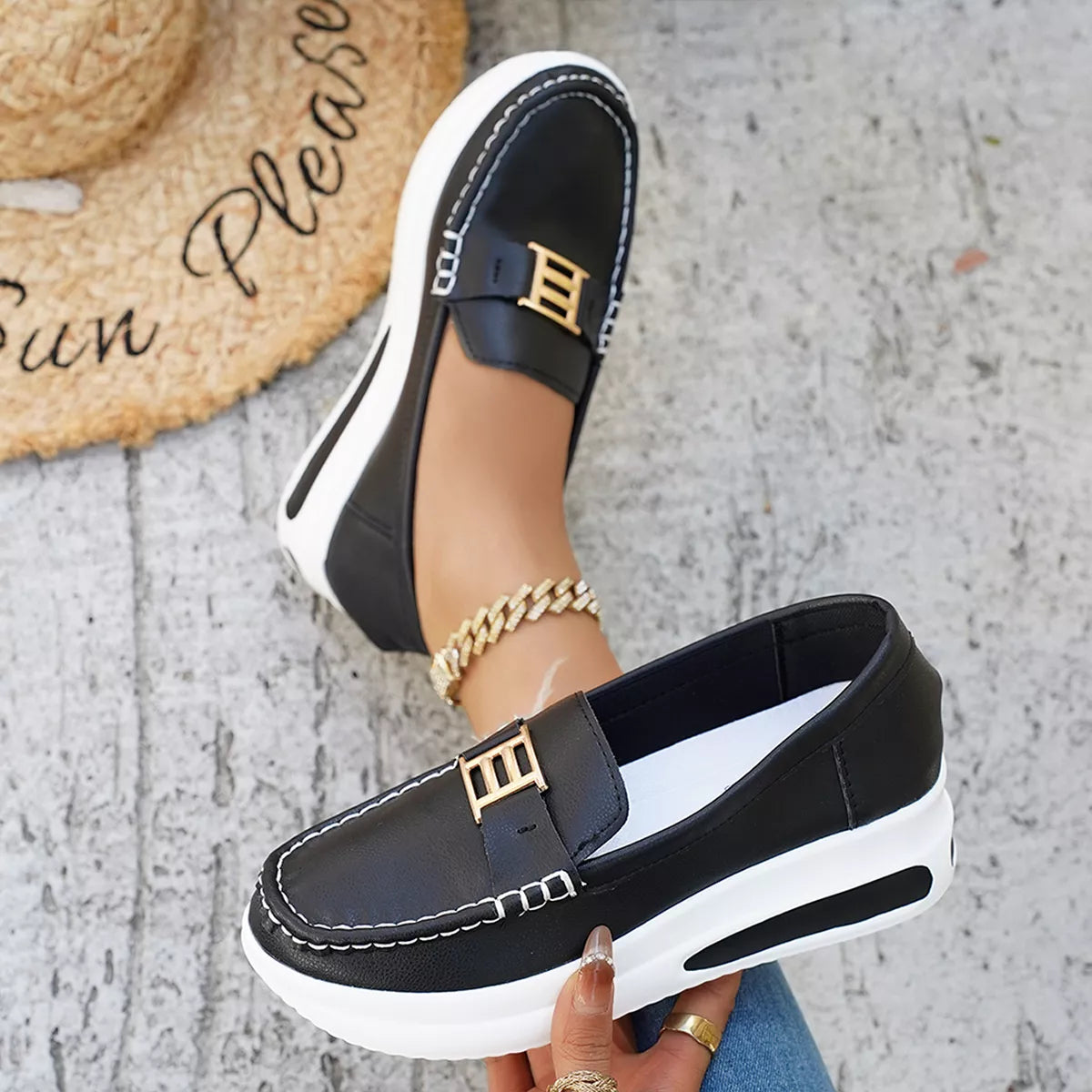 Metal Buckle Round Toe Slip-Ons