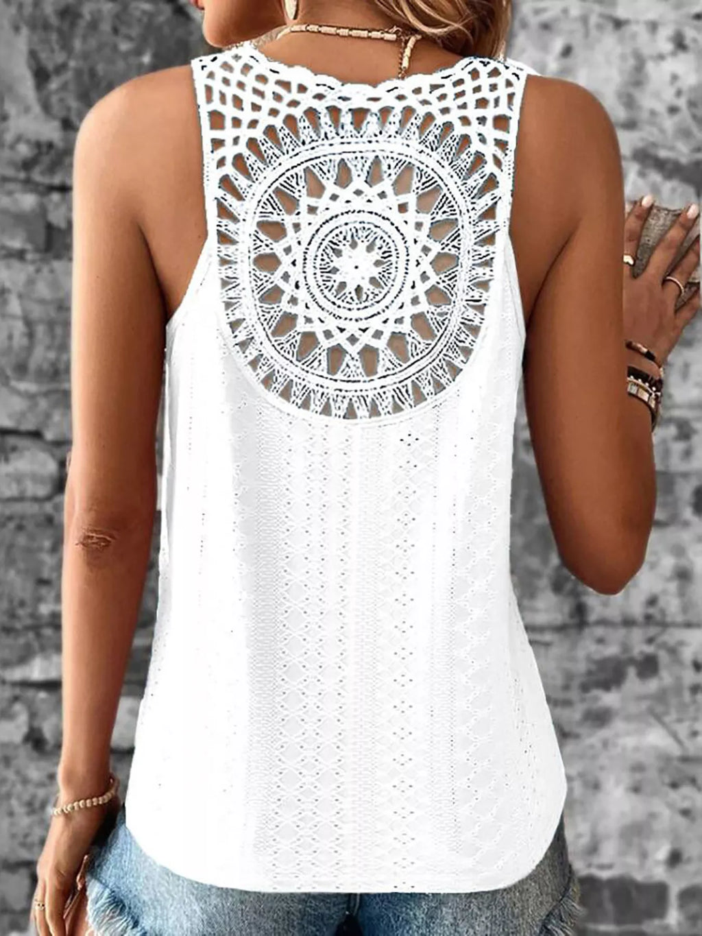 Eyelet Lace Trim V-Neck Tank Top