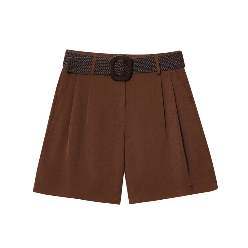 Fashionable Casual Pleated Shorts with Belt for Women