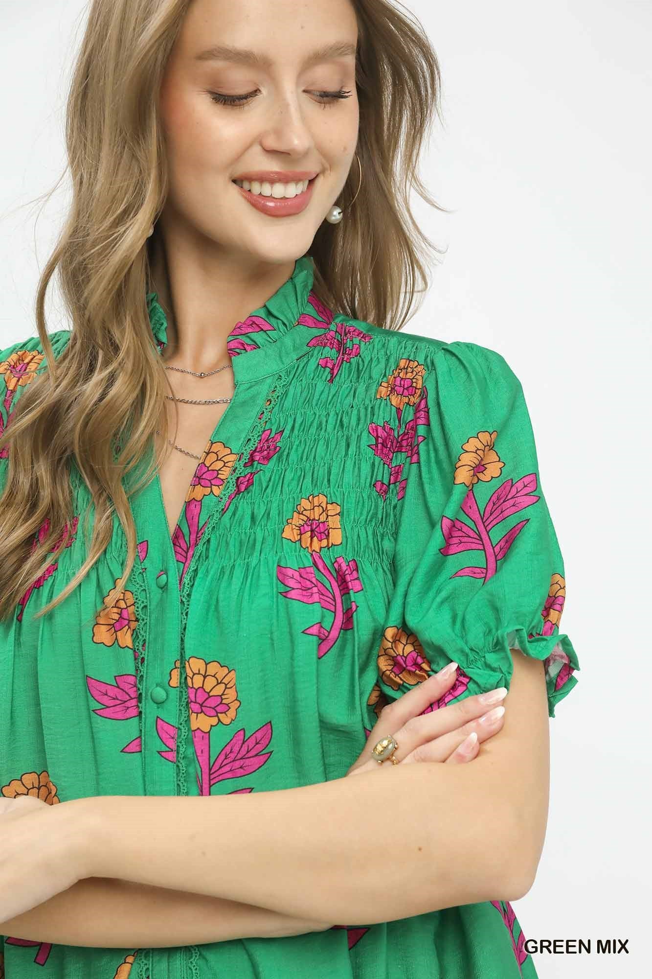 Umgee Floral Print Babydoll Dress