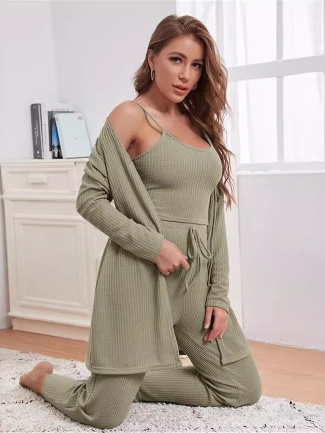 Scoop Neck Cami & Pants & Cardigan Set