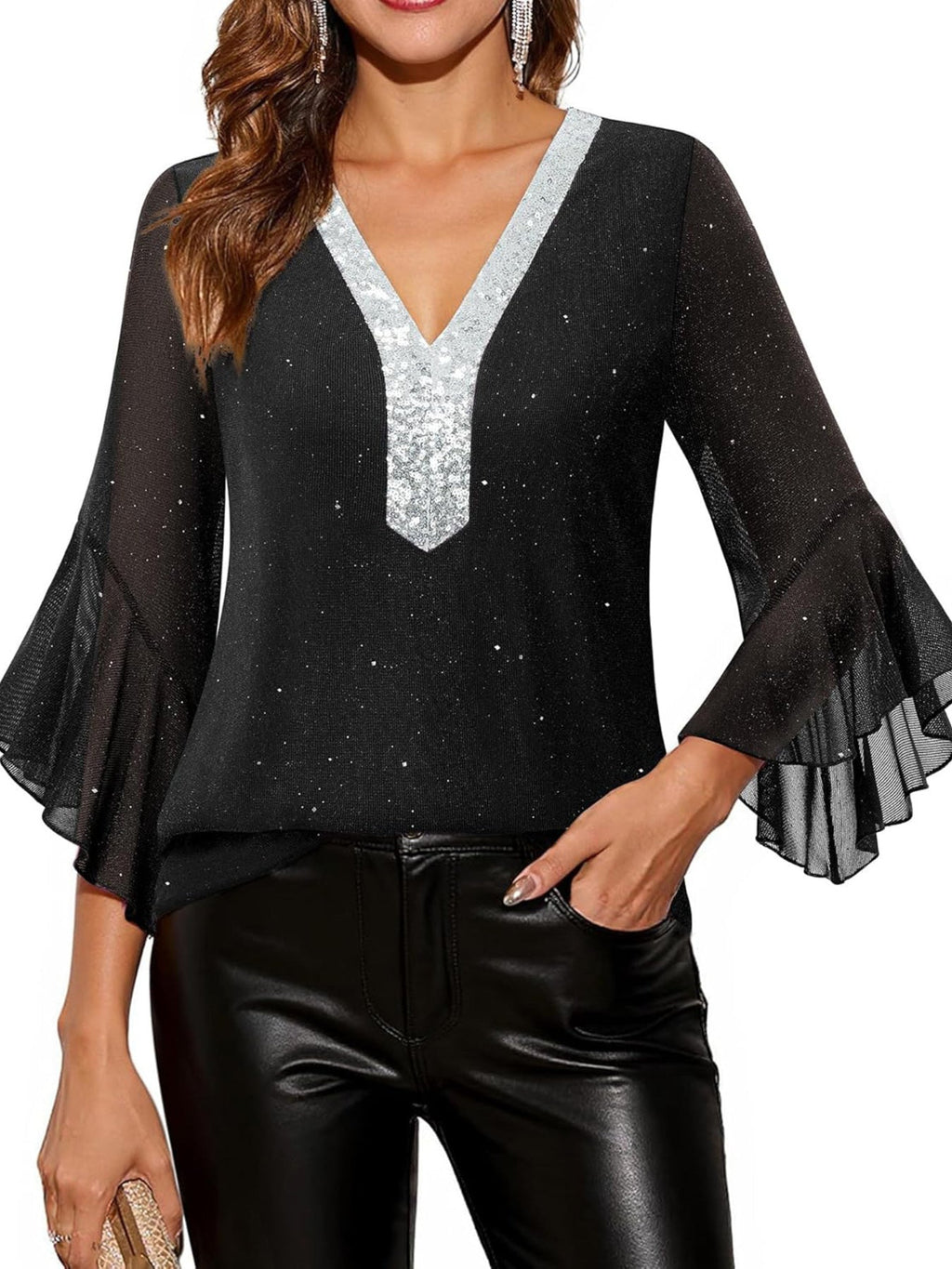Sequin V-Neck Flounce Sleeve Blouse