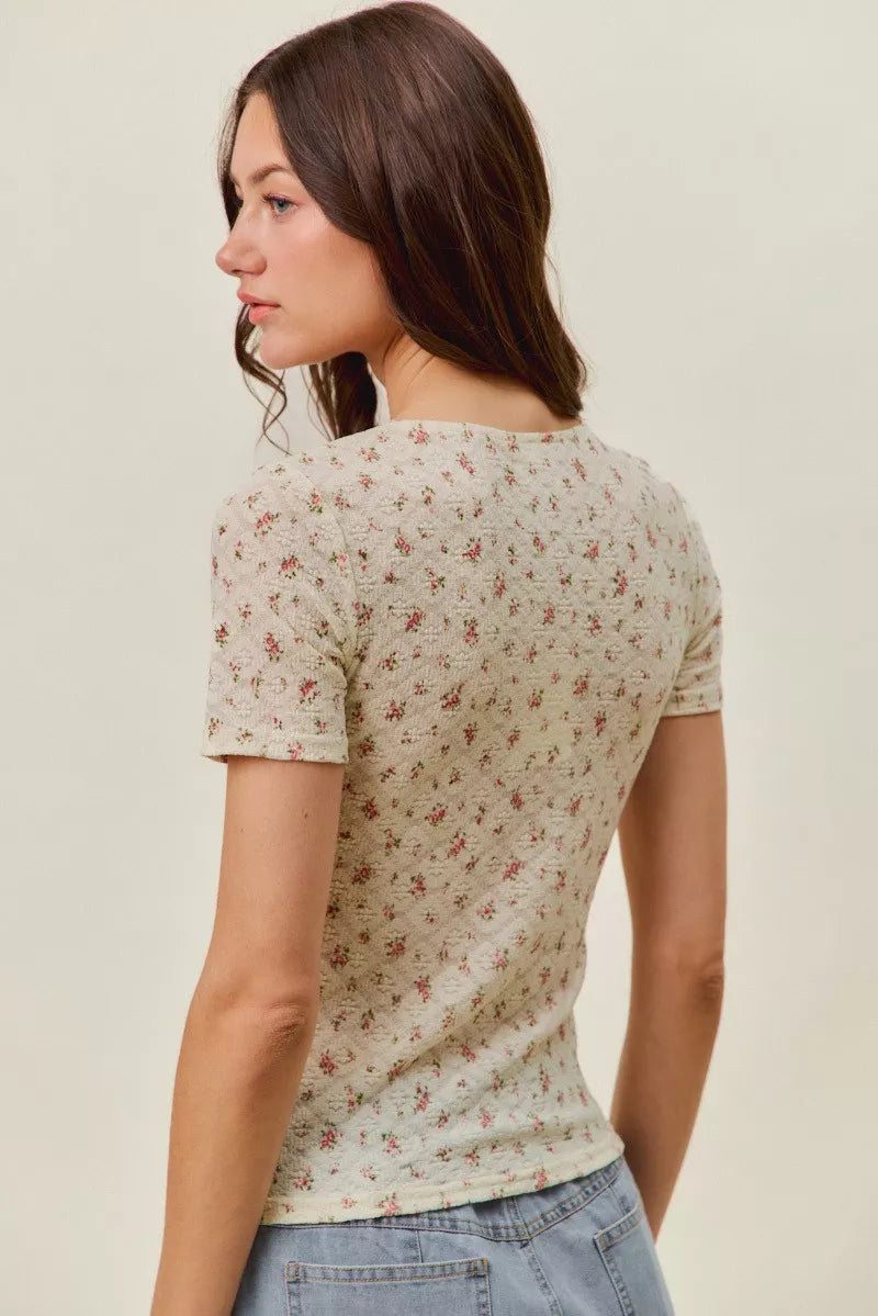 SO ME Floral Print Lace Short Sleeves Layering Knit Top