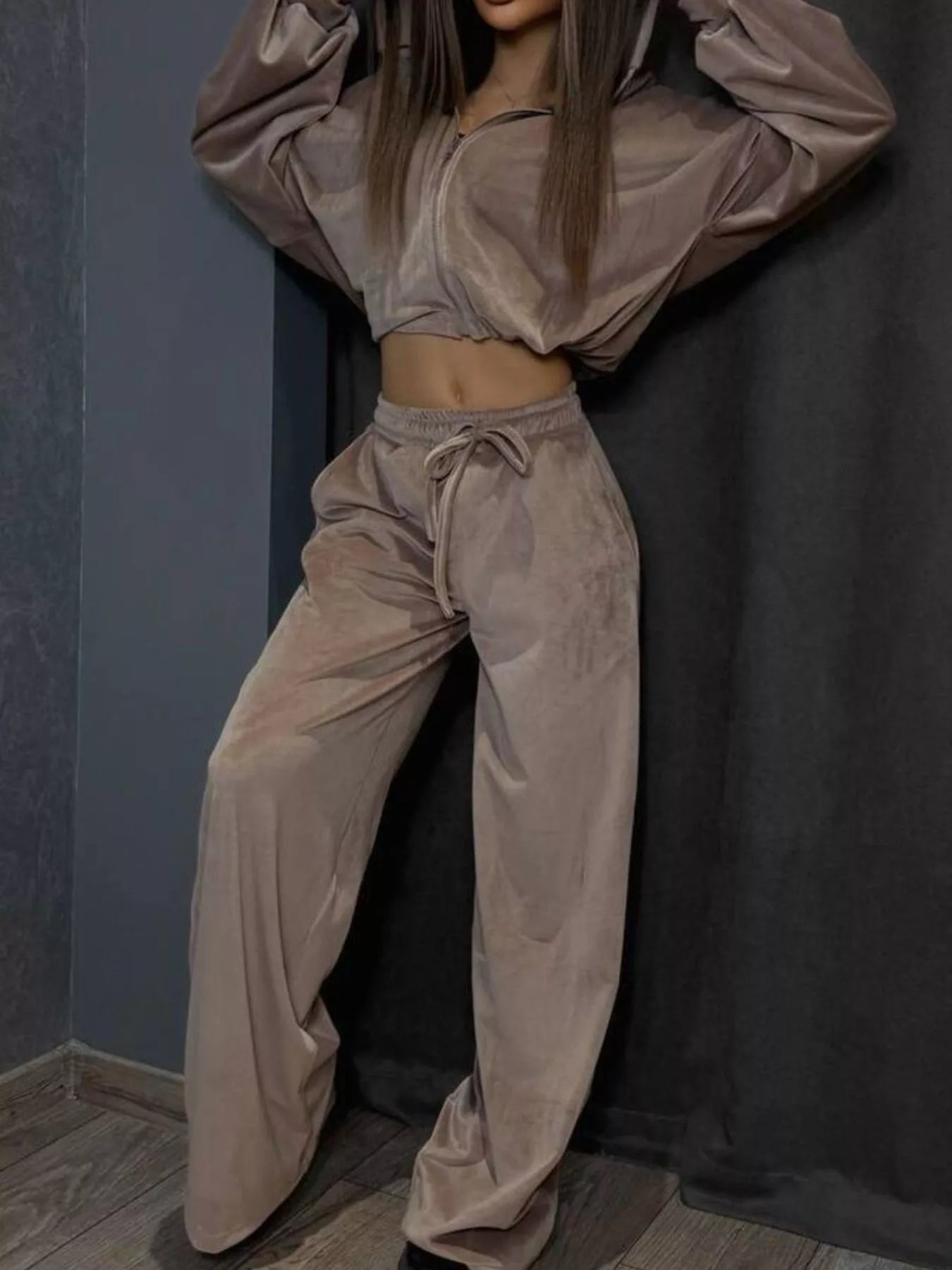 Zip Up Cropped Outerwear and Pants Set