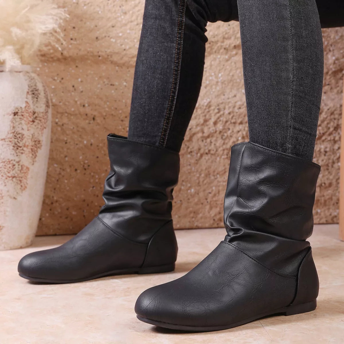 Flat Ankle Boots with Wrinkled Design