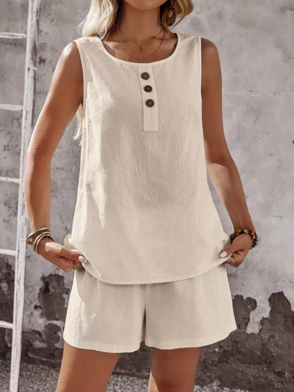 Decor Button Round Neck Tank and Shorts Set