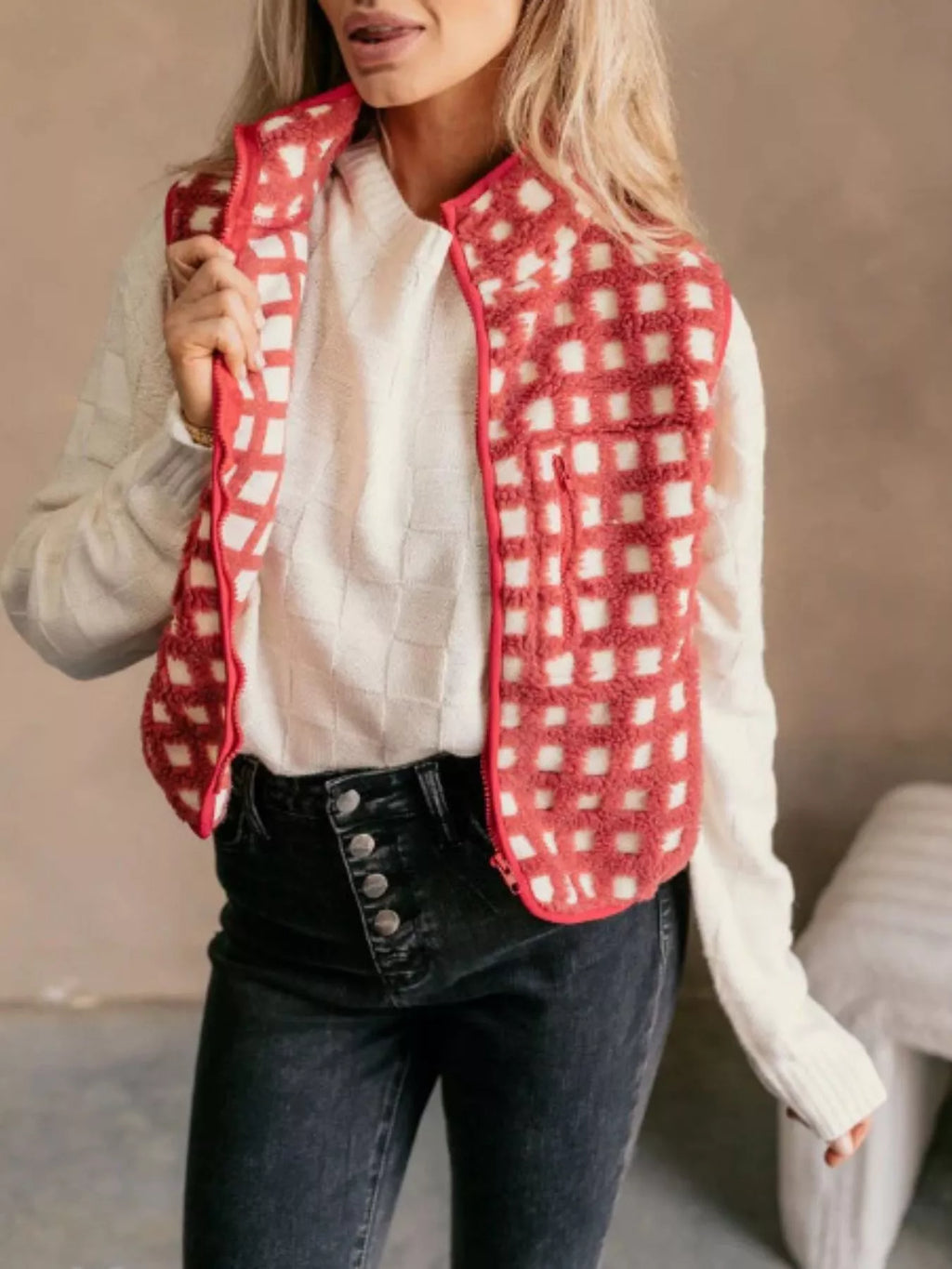 Plaid Zip Up Vest Coat