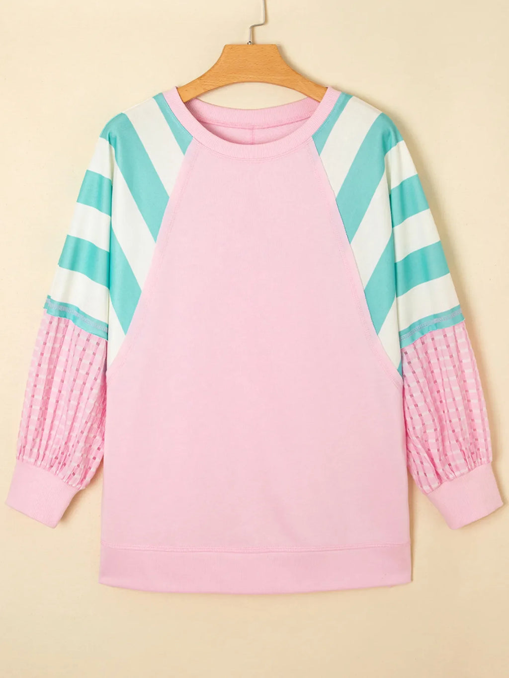 Striped Color Block Patchwork Raglan Sleeve Top with Slits