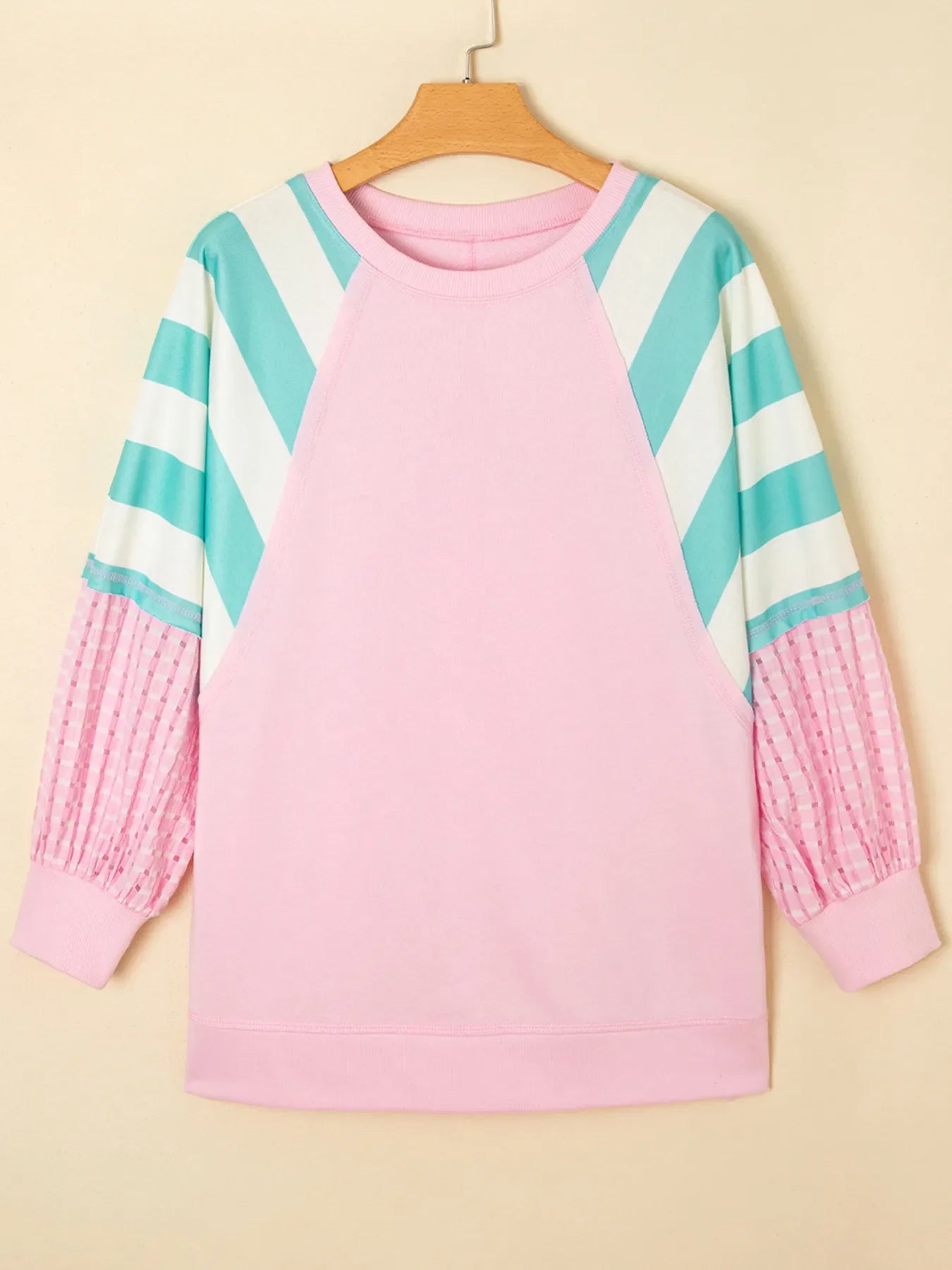 Striped Color Block Patchwork Raglan Sleeve Top with Slits