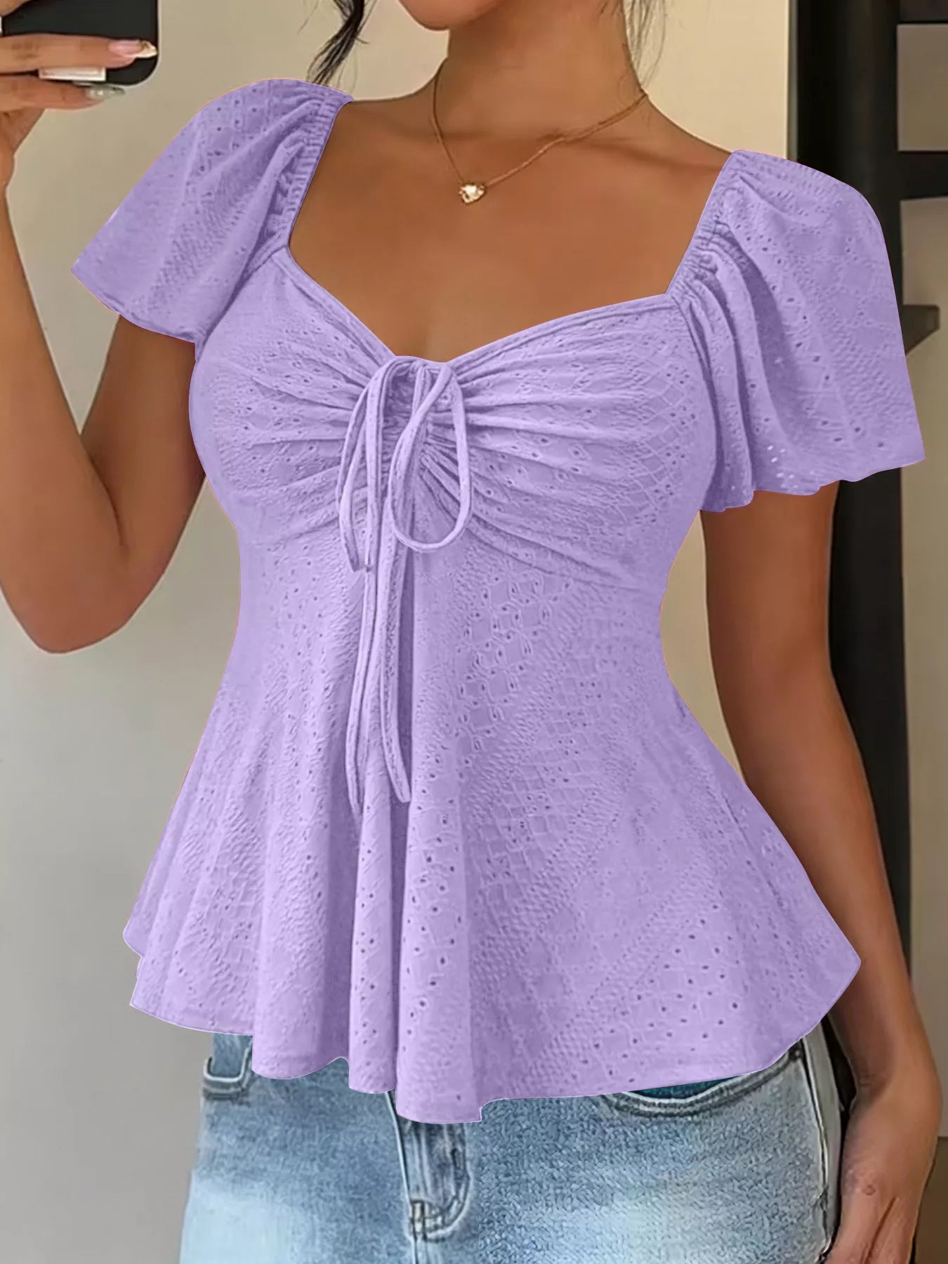 Sweetheart Neck Flutter Sleeve Top