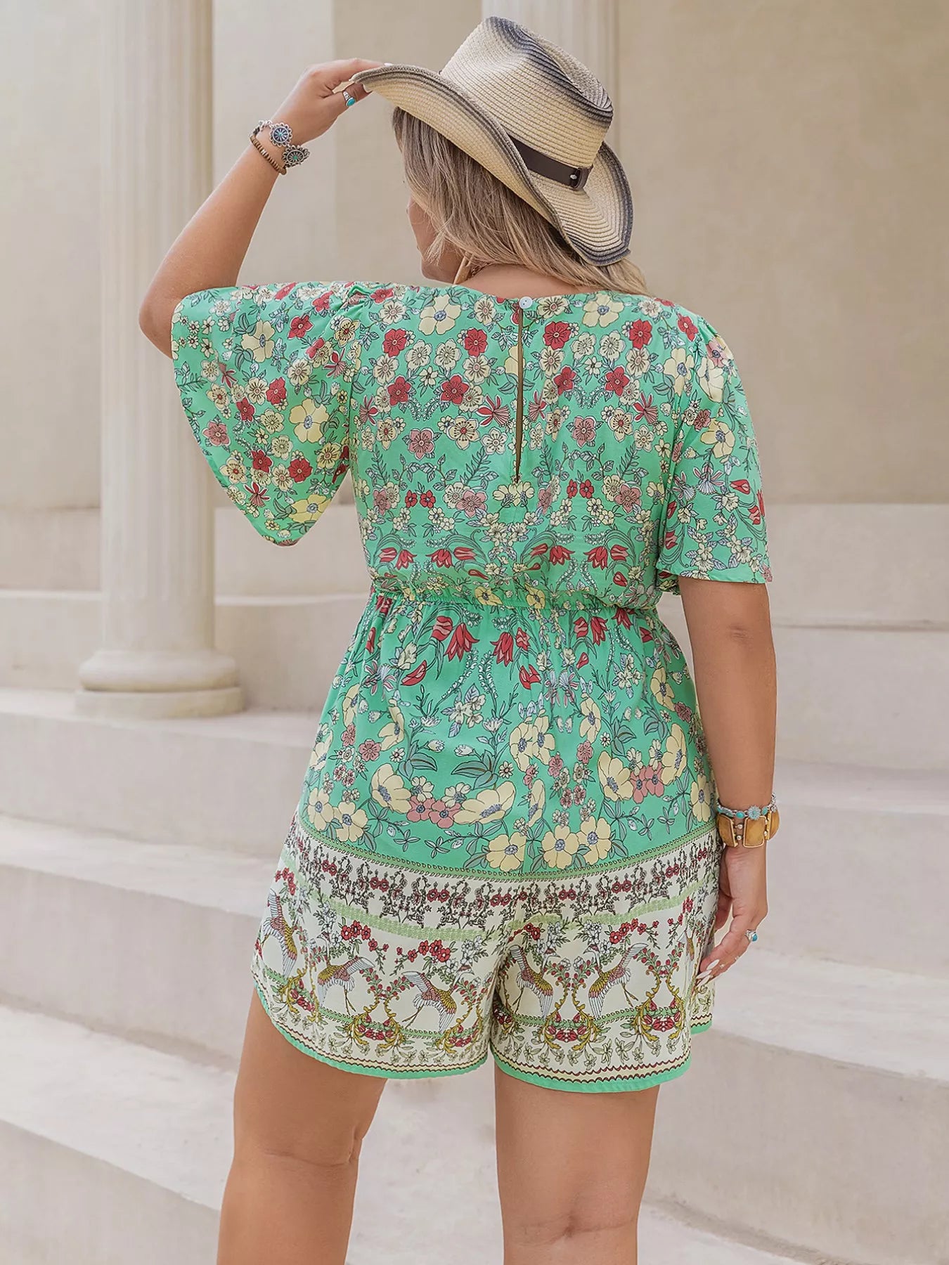 Plus Size Floral Print Square Neck Romper