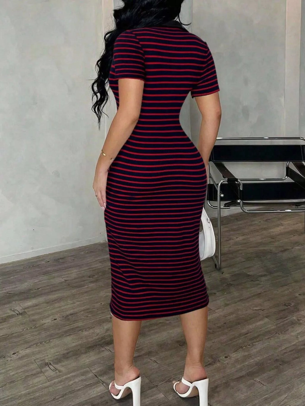 Striped Polo Collar Midi Dress