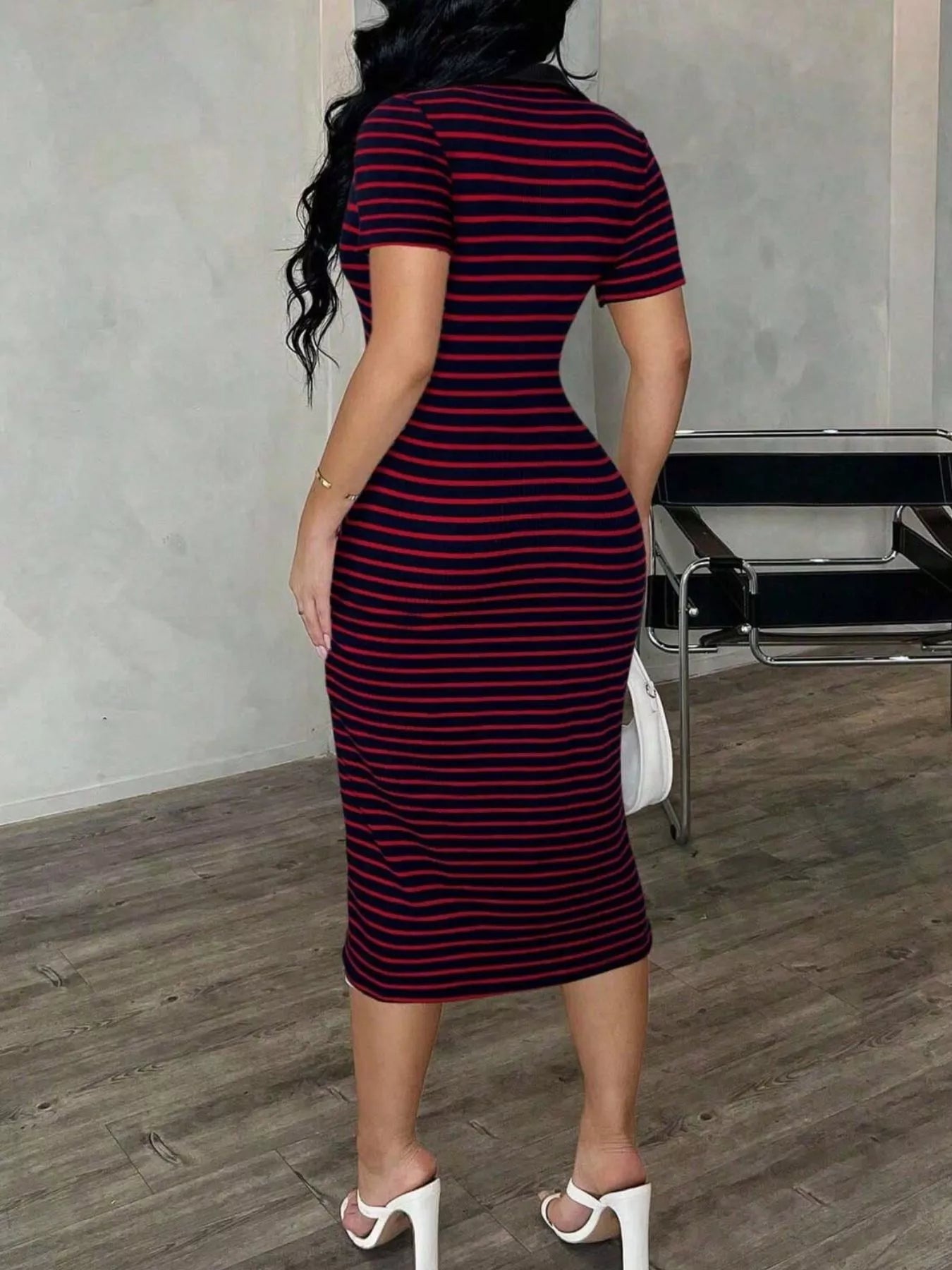 Striped Polo Collar Midi Dress