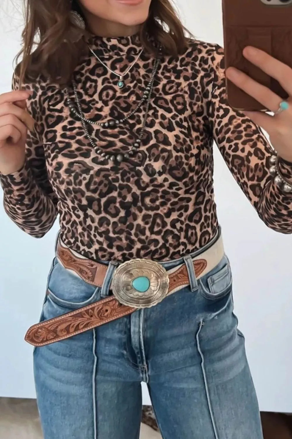 Leopard High Neck Long Sleeve Western Slim Top