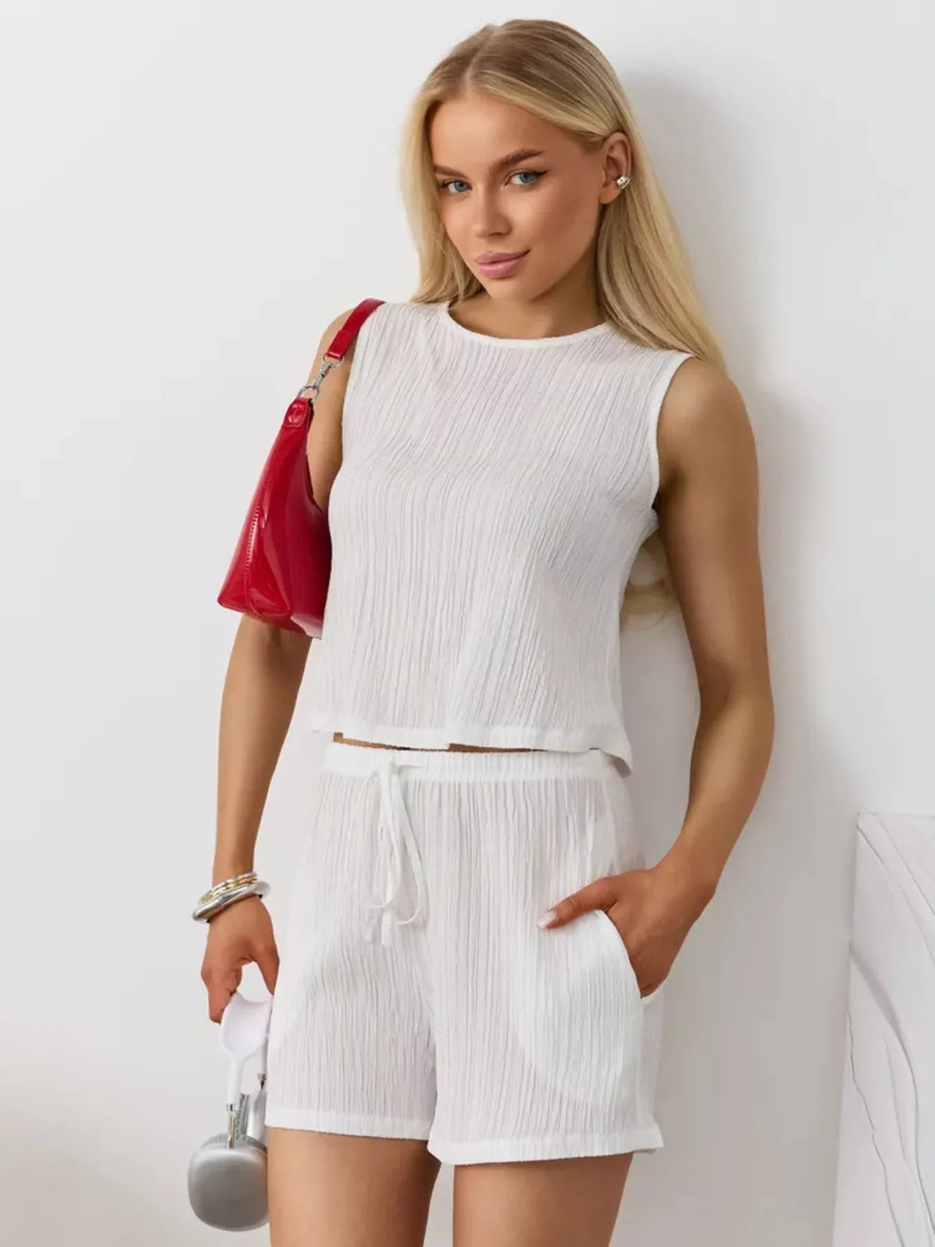 Textured Round Neck Tank and Shorts Set