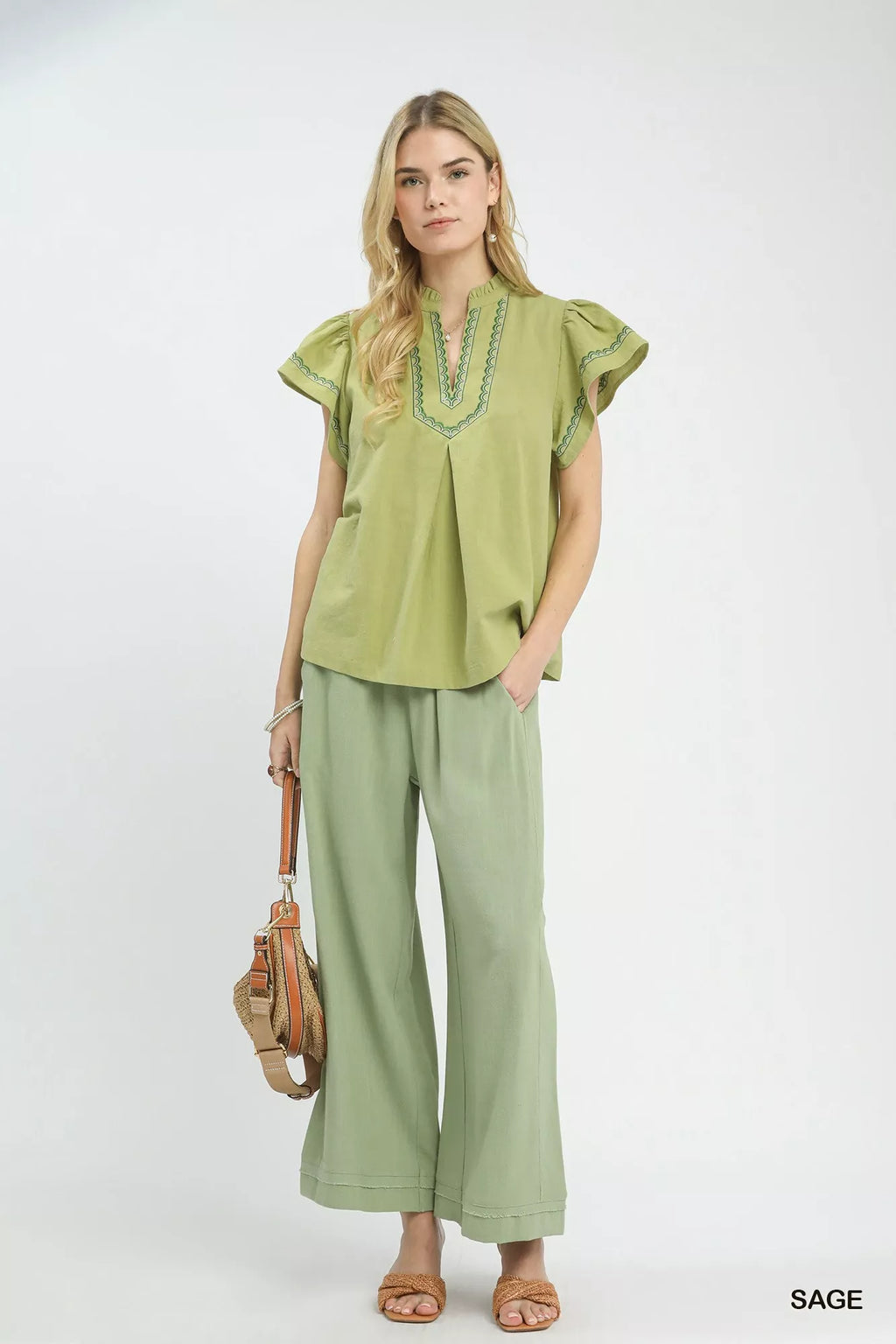 Umgee Embroidered Flutter Sleeve Blouse