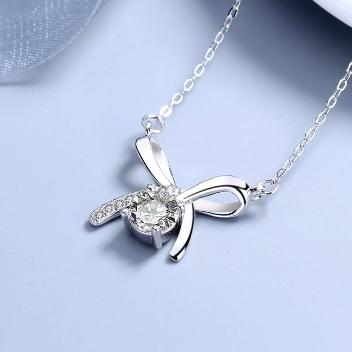 925 Sterling Silver Zircon Ribbon Pendant Necklace