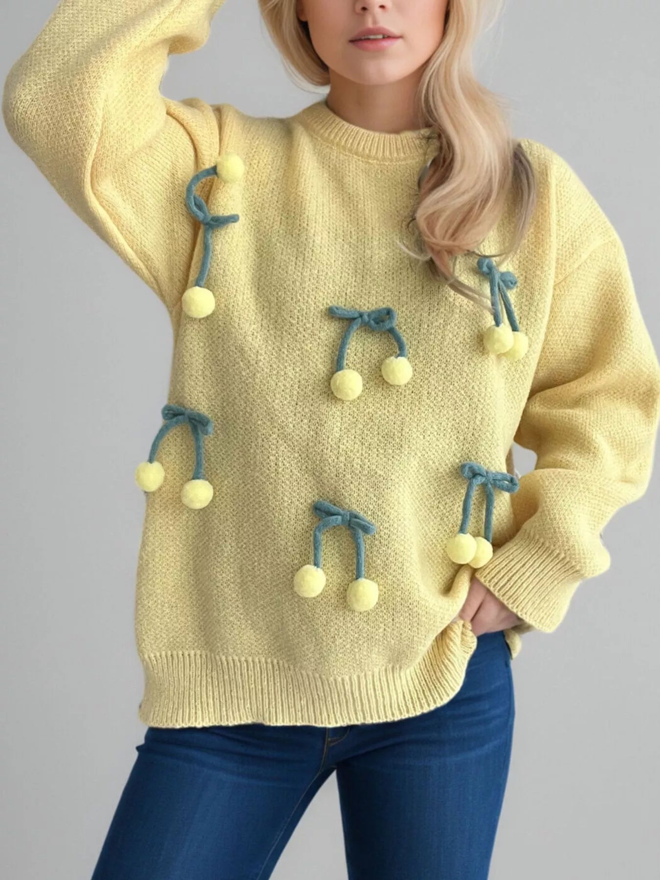 Cherry Pom-Pom Knit Round Neck Sweater