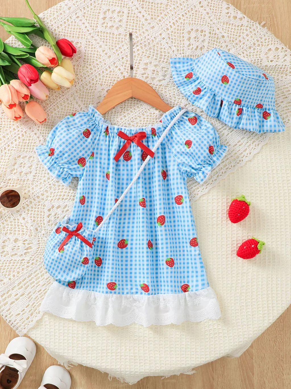 Children's Strawberry Gingham Dress with Matching Purse & Hat Set