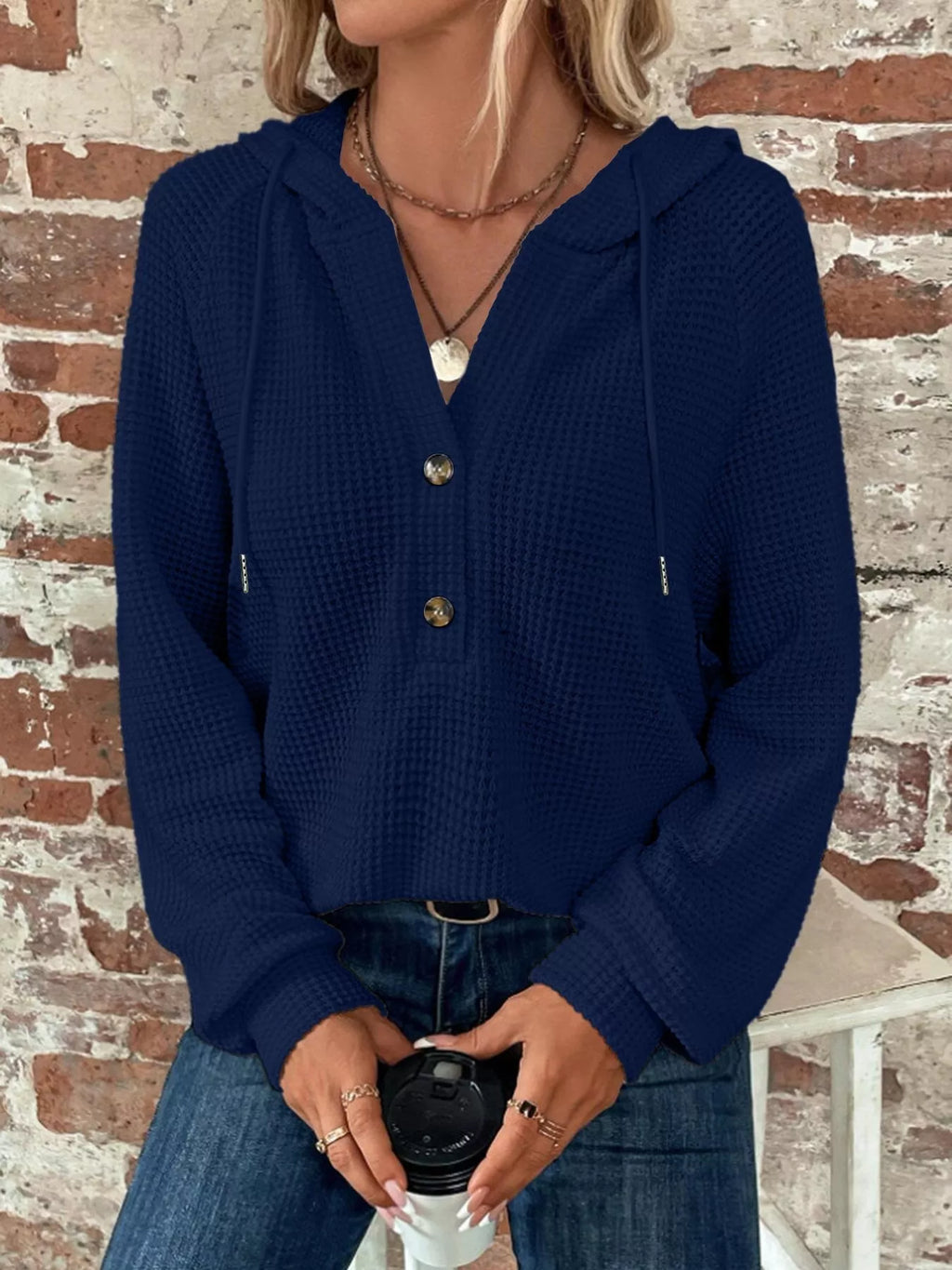 Waffle Knit Button Detail Hoodie