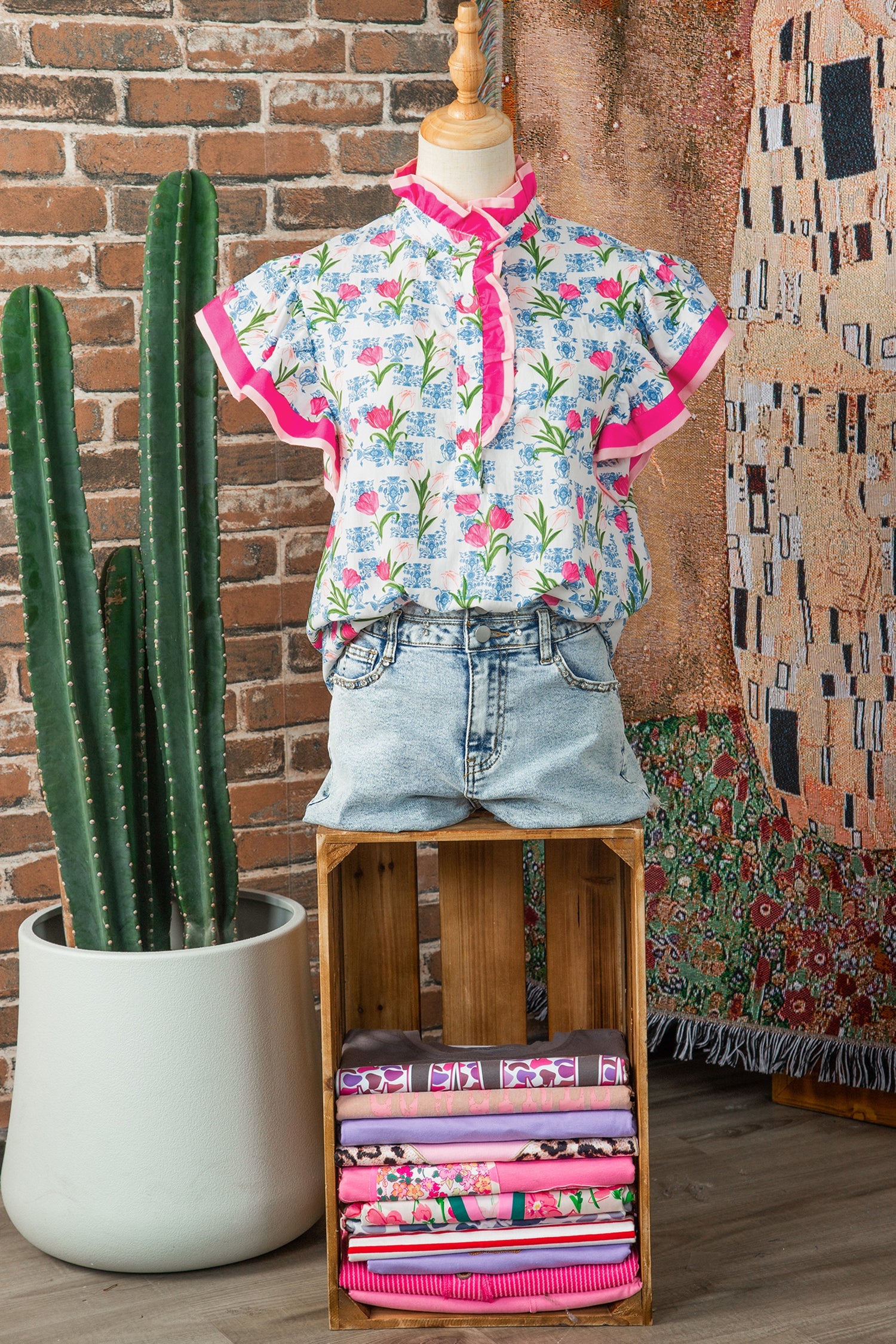 Floral Colorblock Flutter Sleeve Half Button Blouse