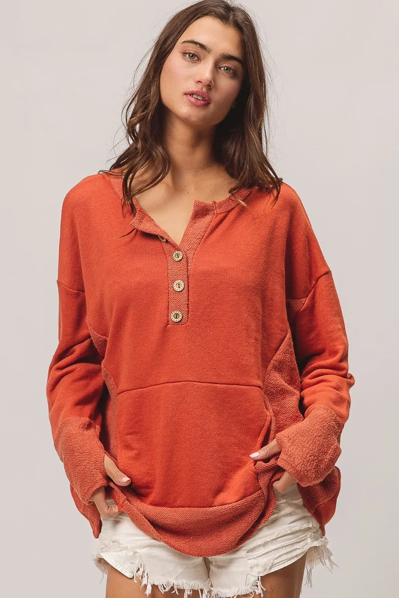 BiBi French Terry Knit Side Block Buttoned Henley Top