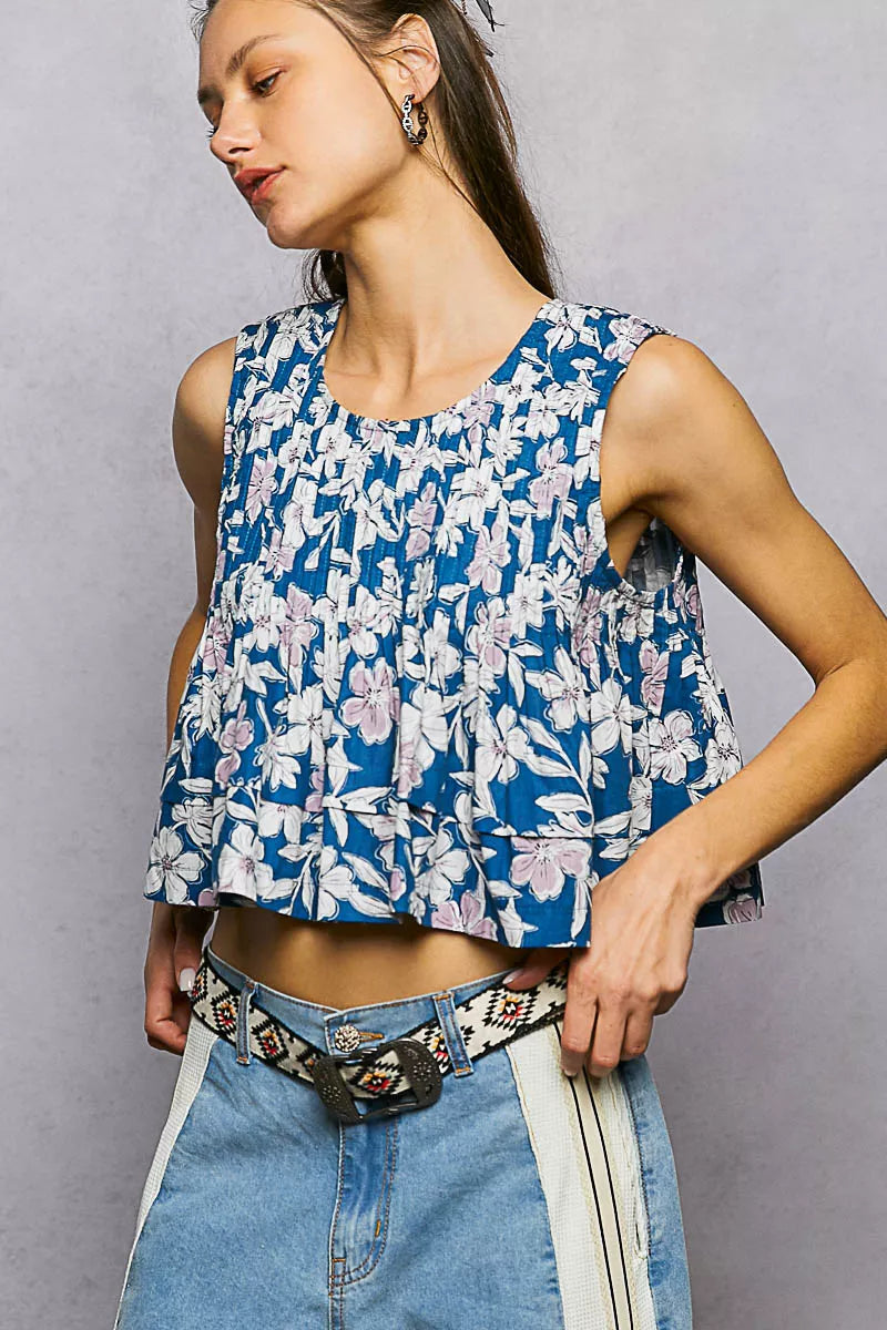 POL Floral Round Neck Cropped Pintuck Tank