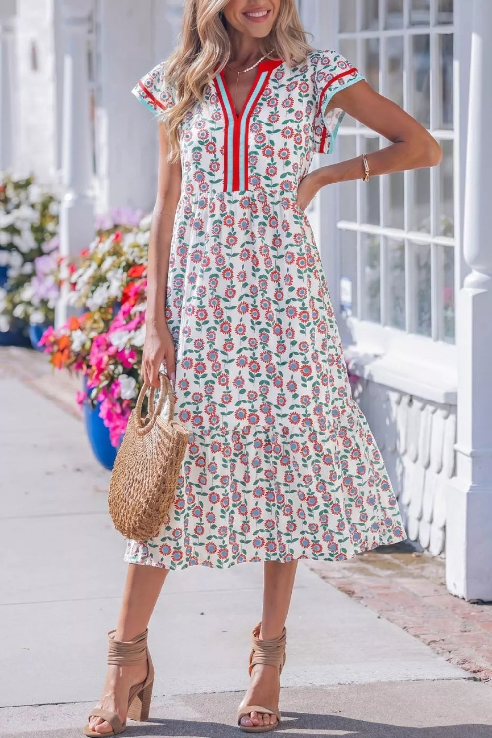 Floral Print Ruffle Sleeve Tiered Midi Dress