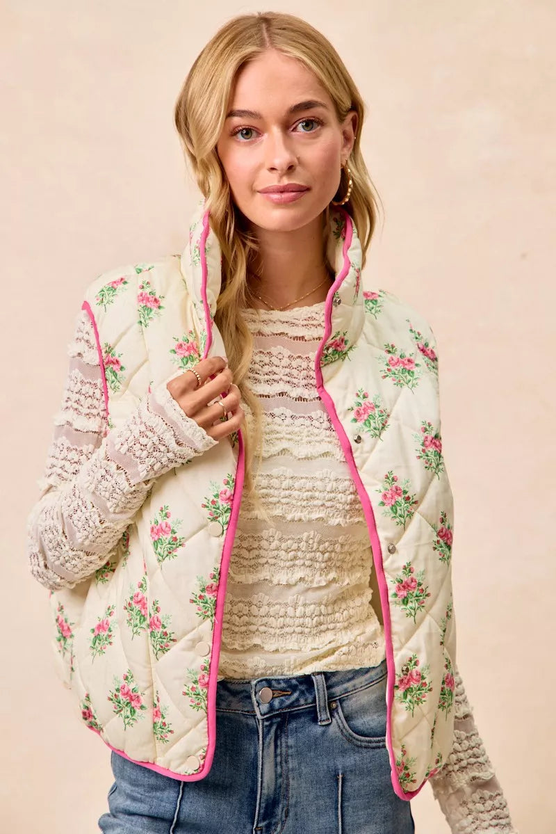 BiBi Floral Print Piping Detail Quilted Vest