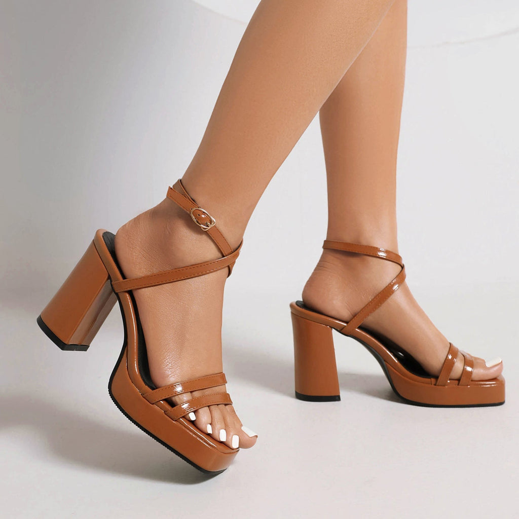Square-Toe Buckle Strap High Heels – Elegant Thin-Strap Summer Block Heels