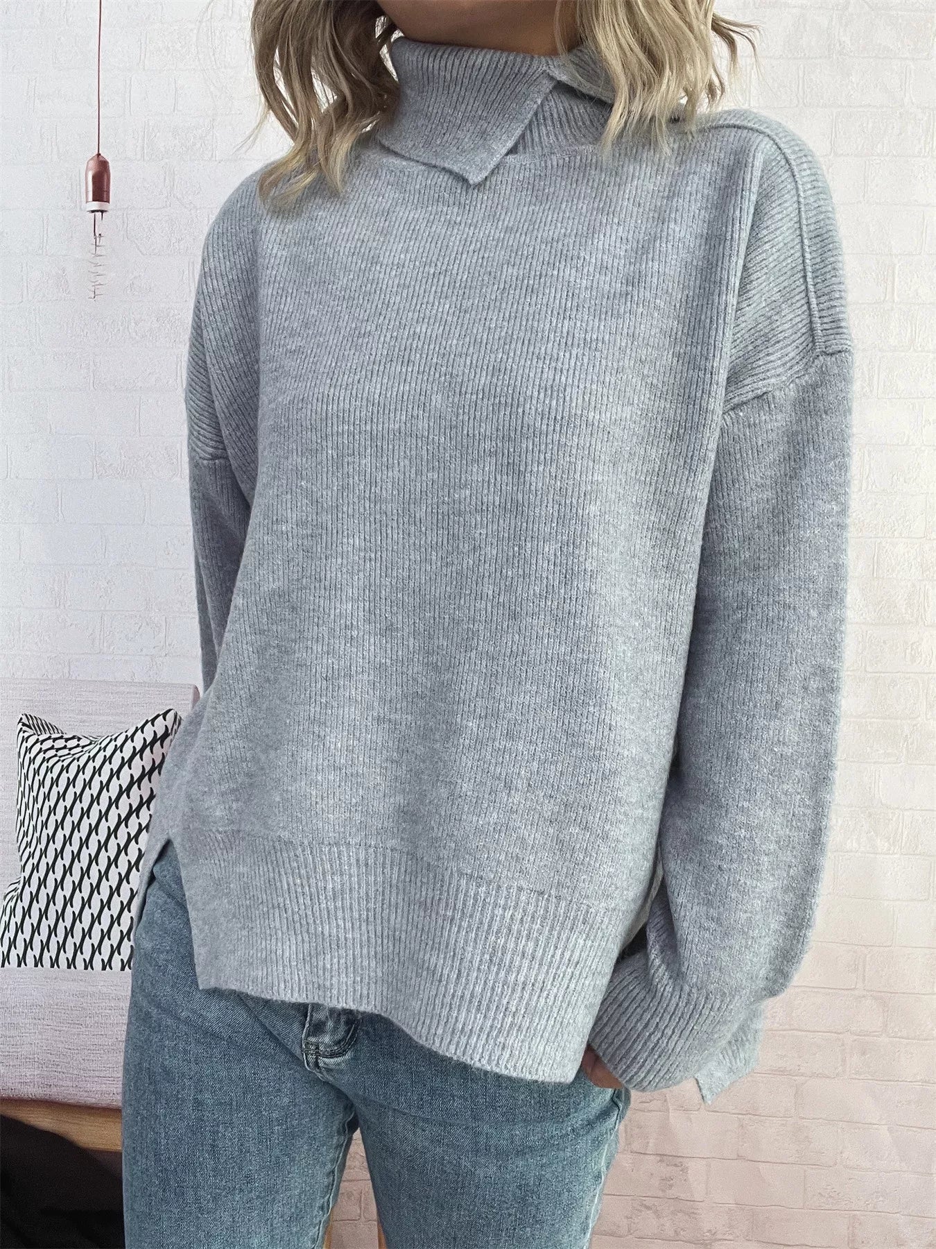 Slit Turtleneck Long Sleeve Sweater