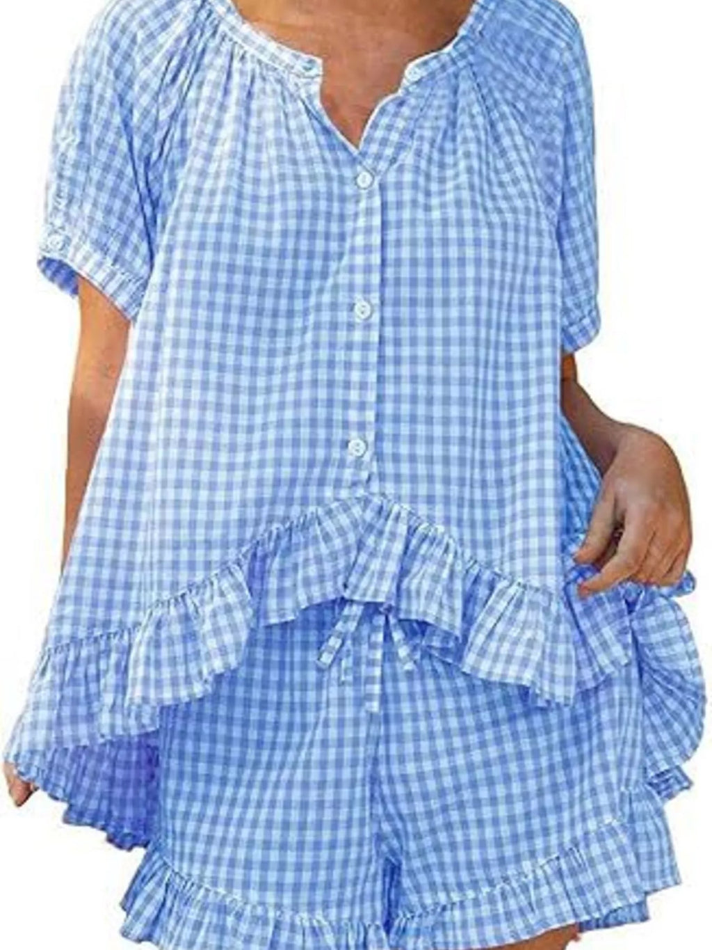 Gingham Ruffle Trim Top and Shorts Set