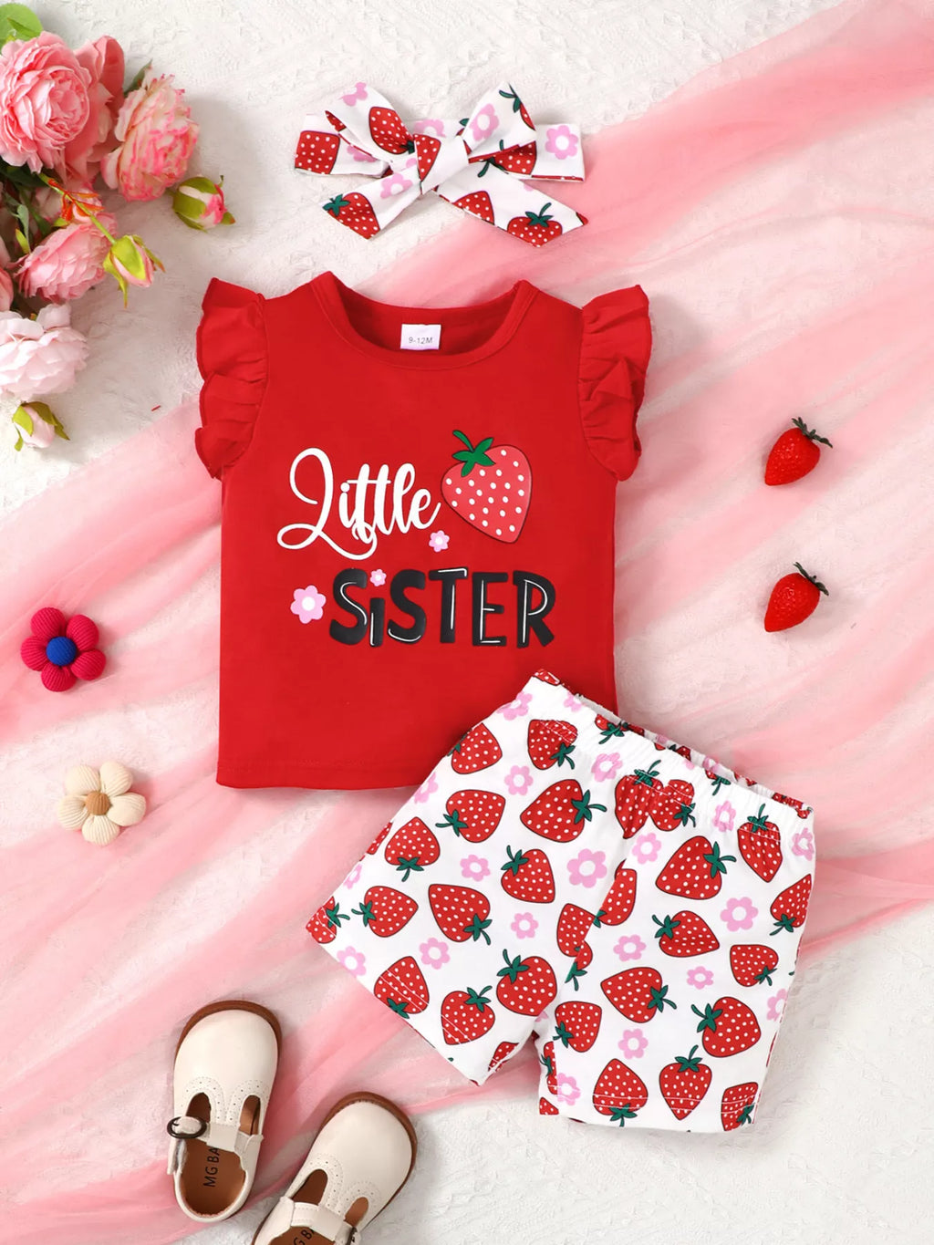 Children's Strawberry Print Ruffle Sleeve Top and Shorts Set