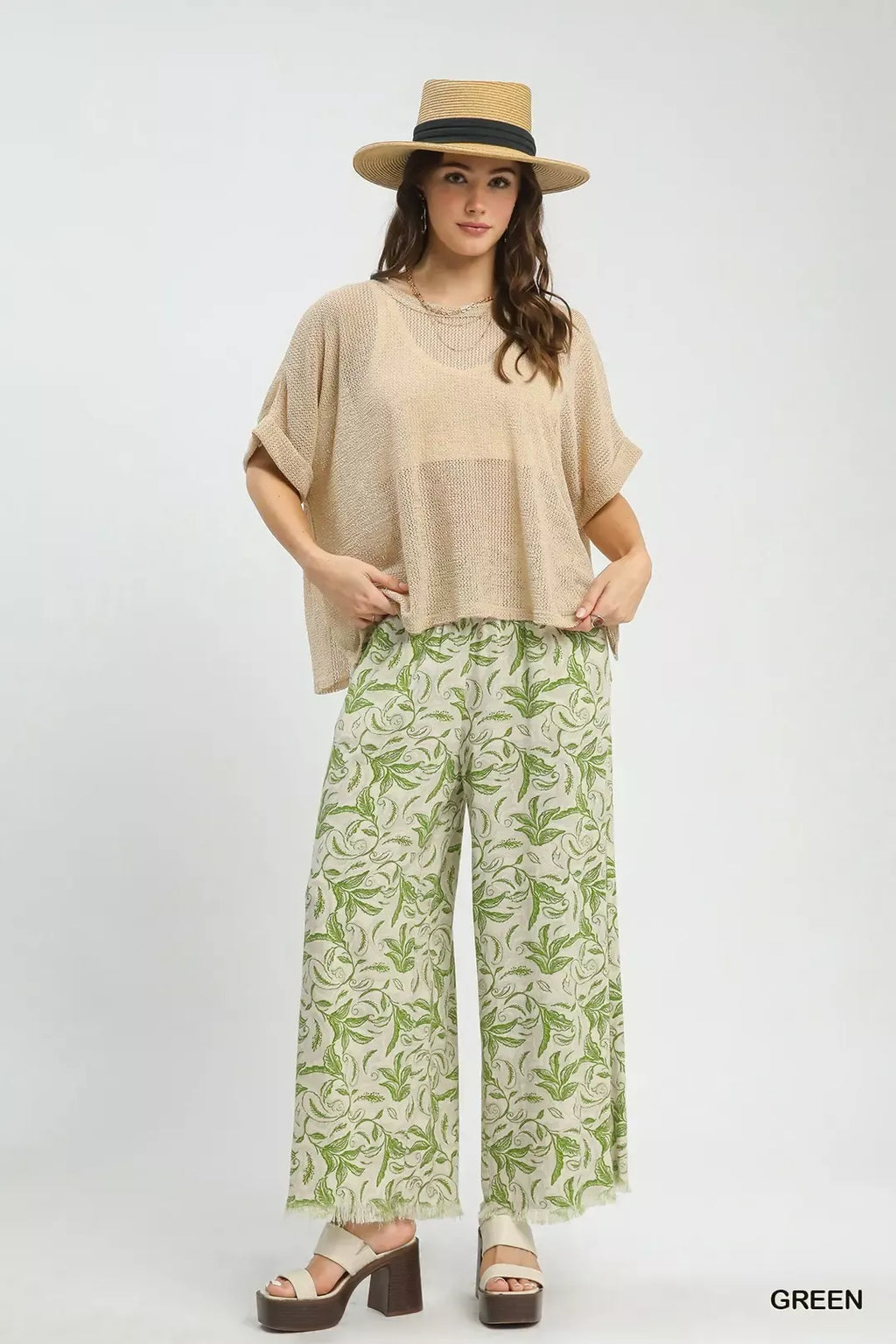 Umgee Linen Printed Wide Leg Raw Hem Pants