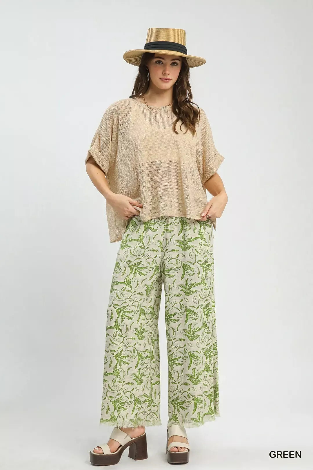 Umgee Linen Printed Wide Leg Raw Hem Pants