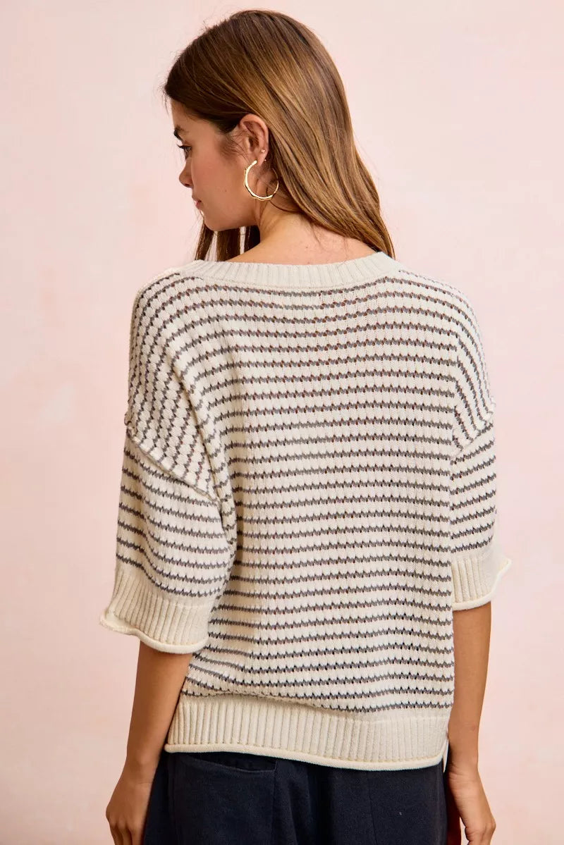 BiBi Stripes Short Sleeves Rib Banded Outseam Knit Top