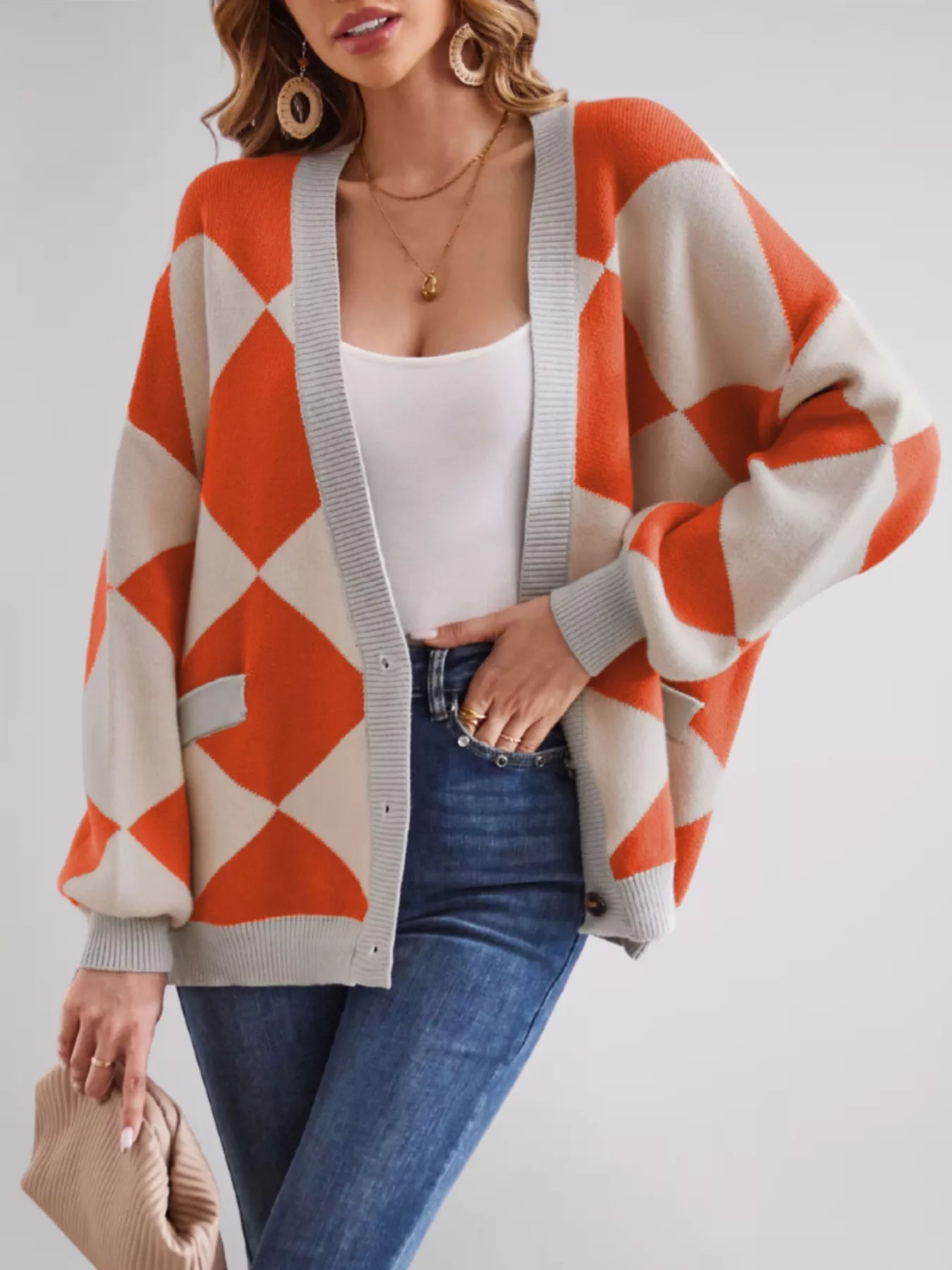 Diamond Pattern Button-Up Knit Cardigan